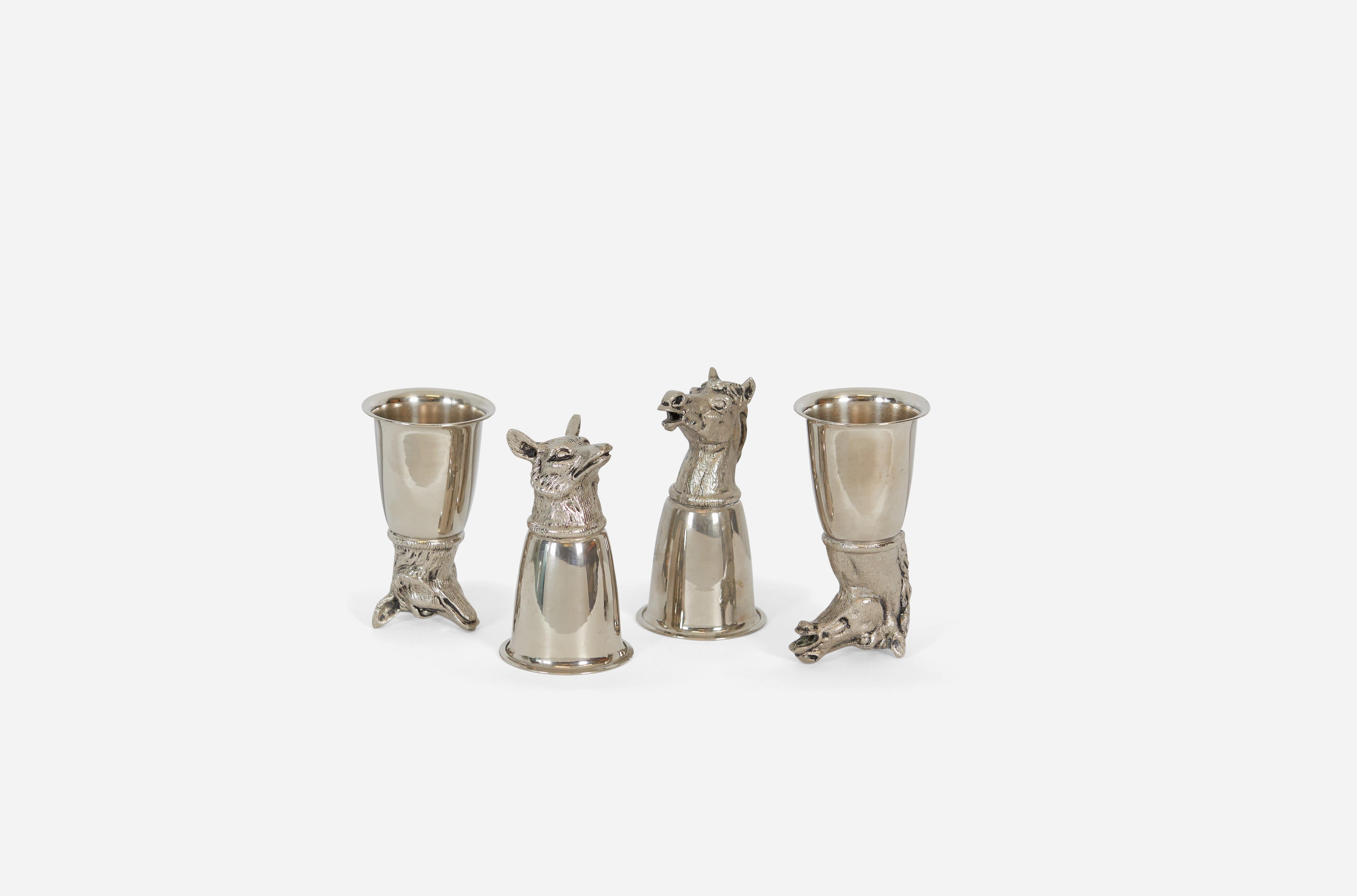 Set of 4 silver plate stirrup cups by Gucci, Italy, circa 1970s. 2 horse and 2 wolf.
