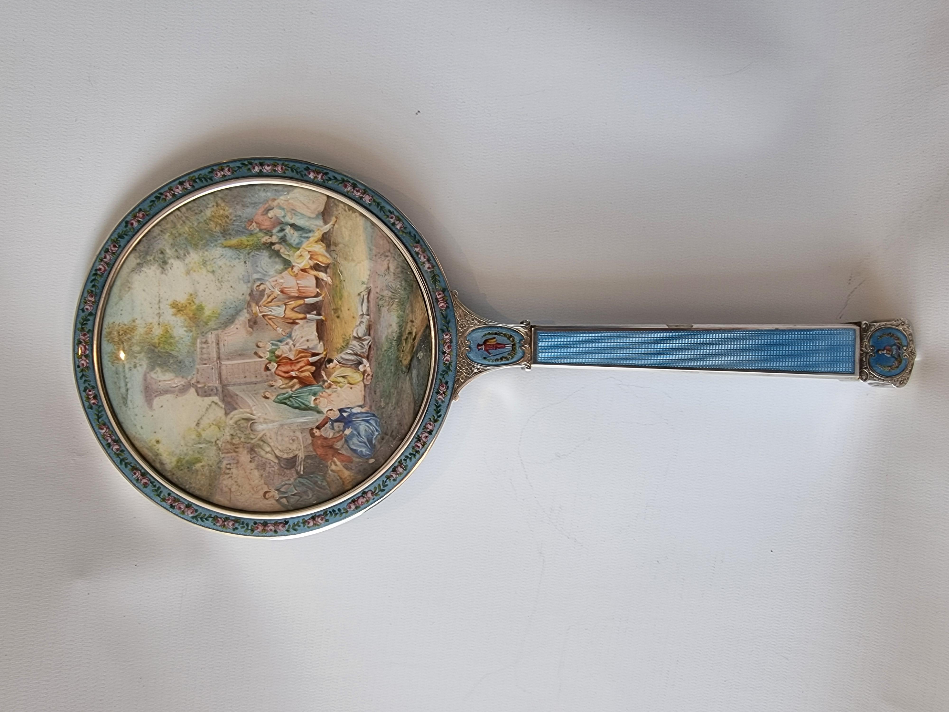 Austrian Silver, Guilloche Enamel, Hand Painted Enamel and Watercolor Hand Mirror