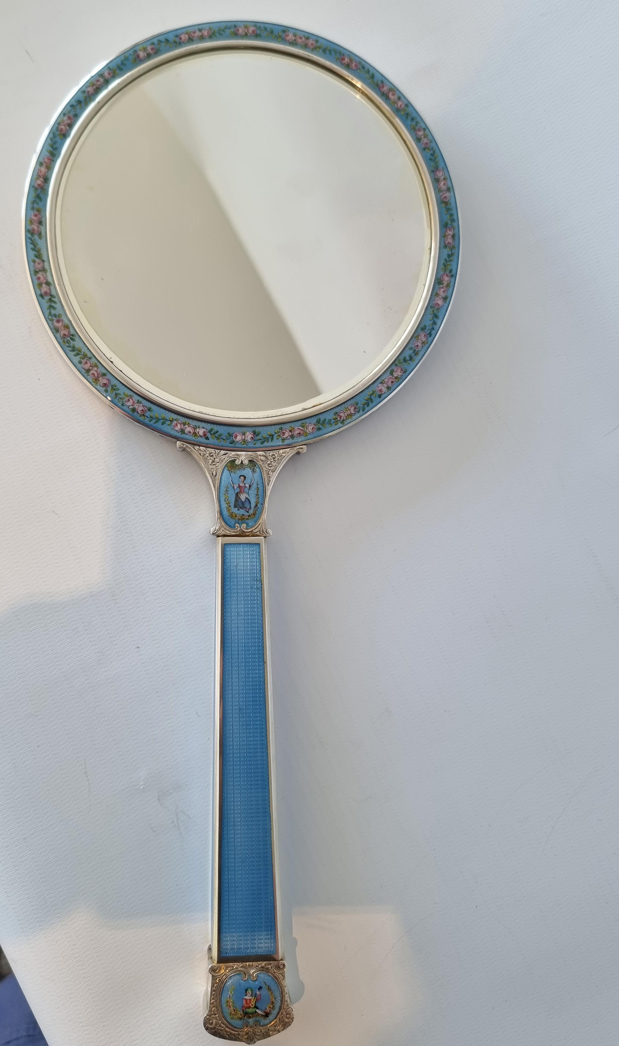 Early 20th Century Silver, Guilloche Enamel, Hand Painted Enamel and Watercolor Hand Mirror