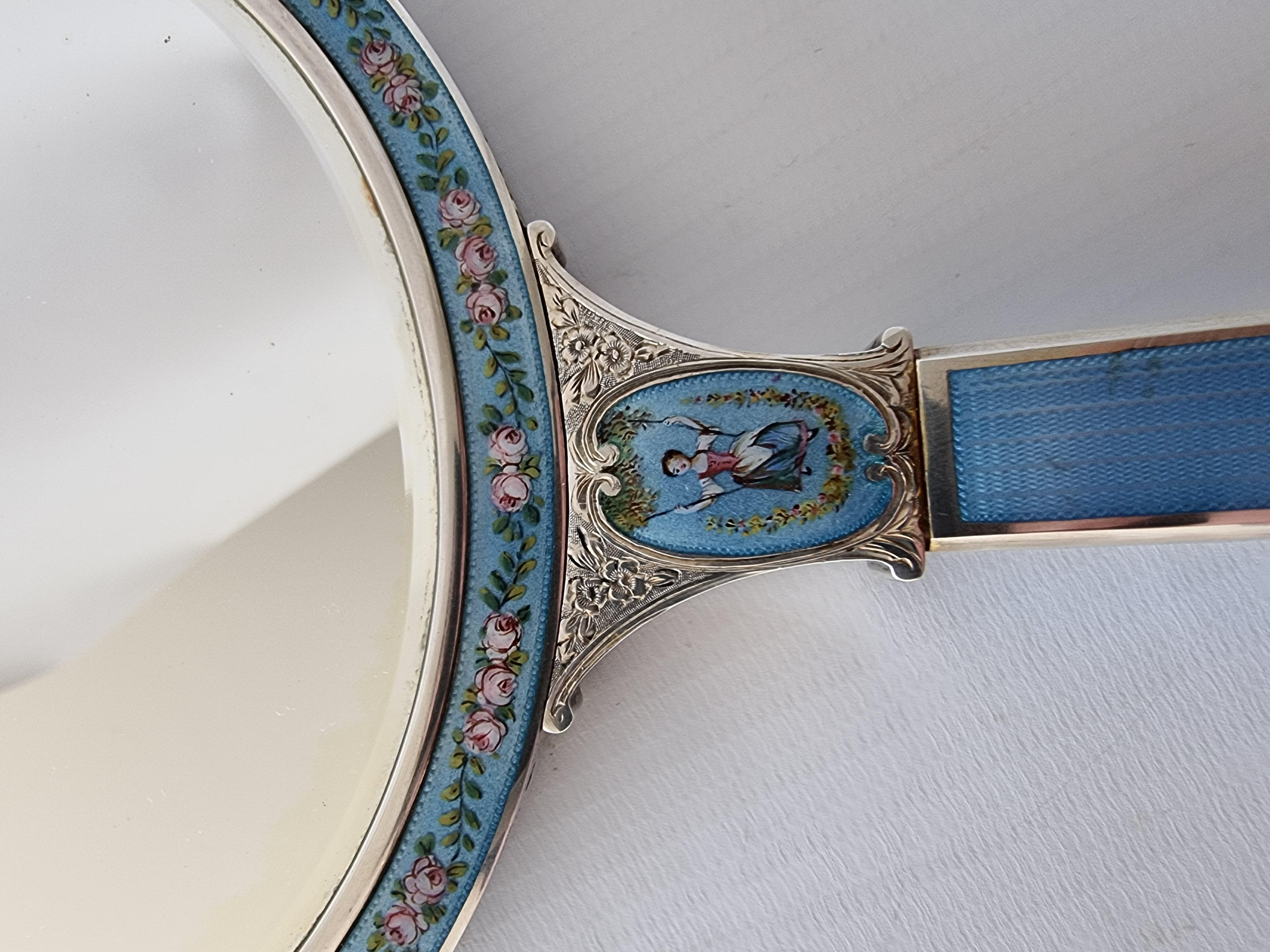 Silver, Guilloche Enamel, Hand Painted Enamel and Watercolor Hand Mirror 1