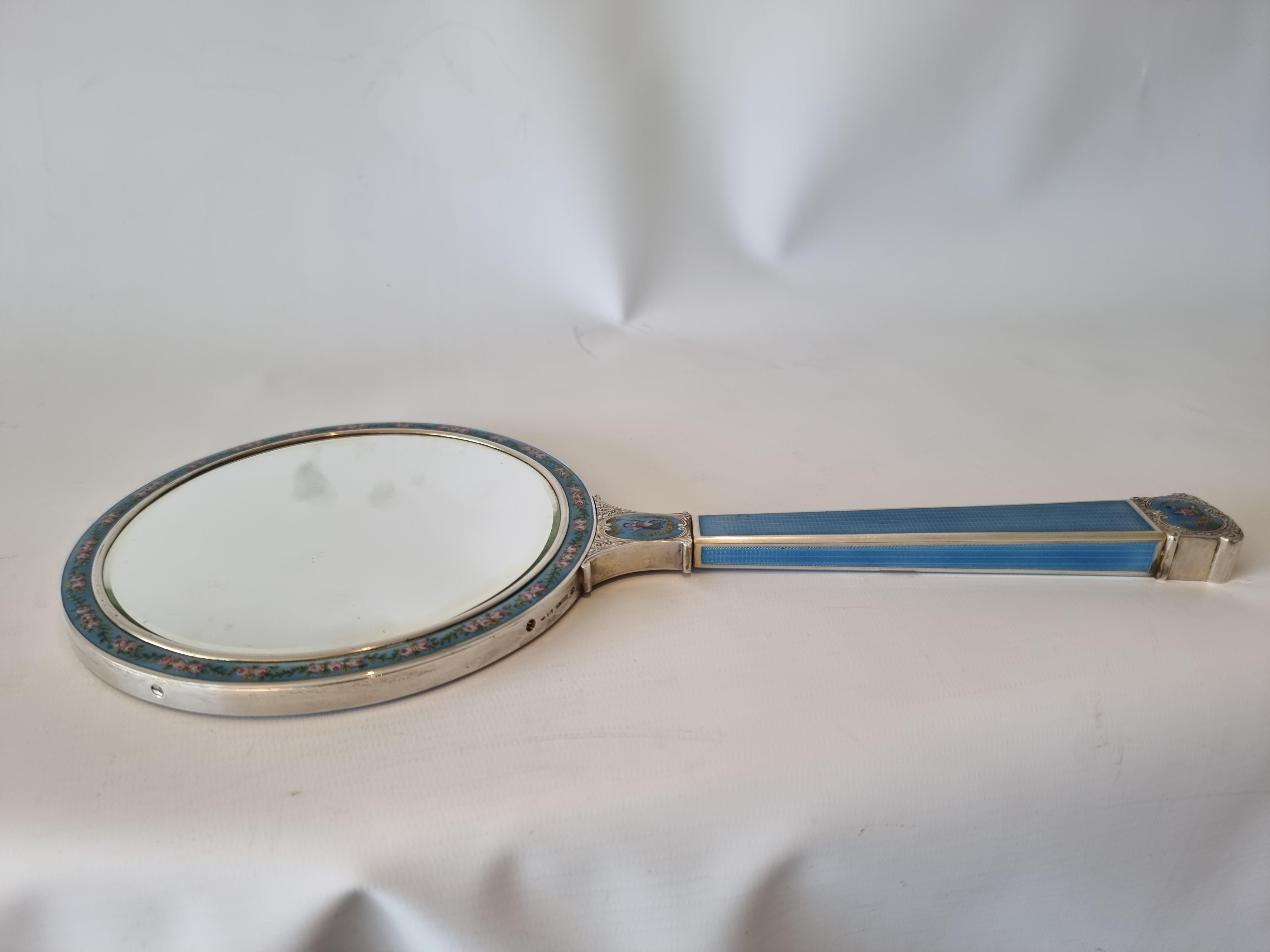 Silver, Guilloche Enamel, Hand Painted Enamel and Watercolor Hand Mirror 2