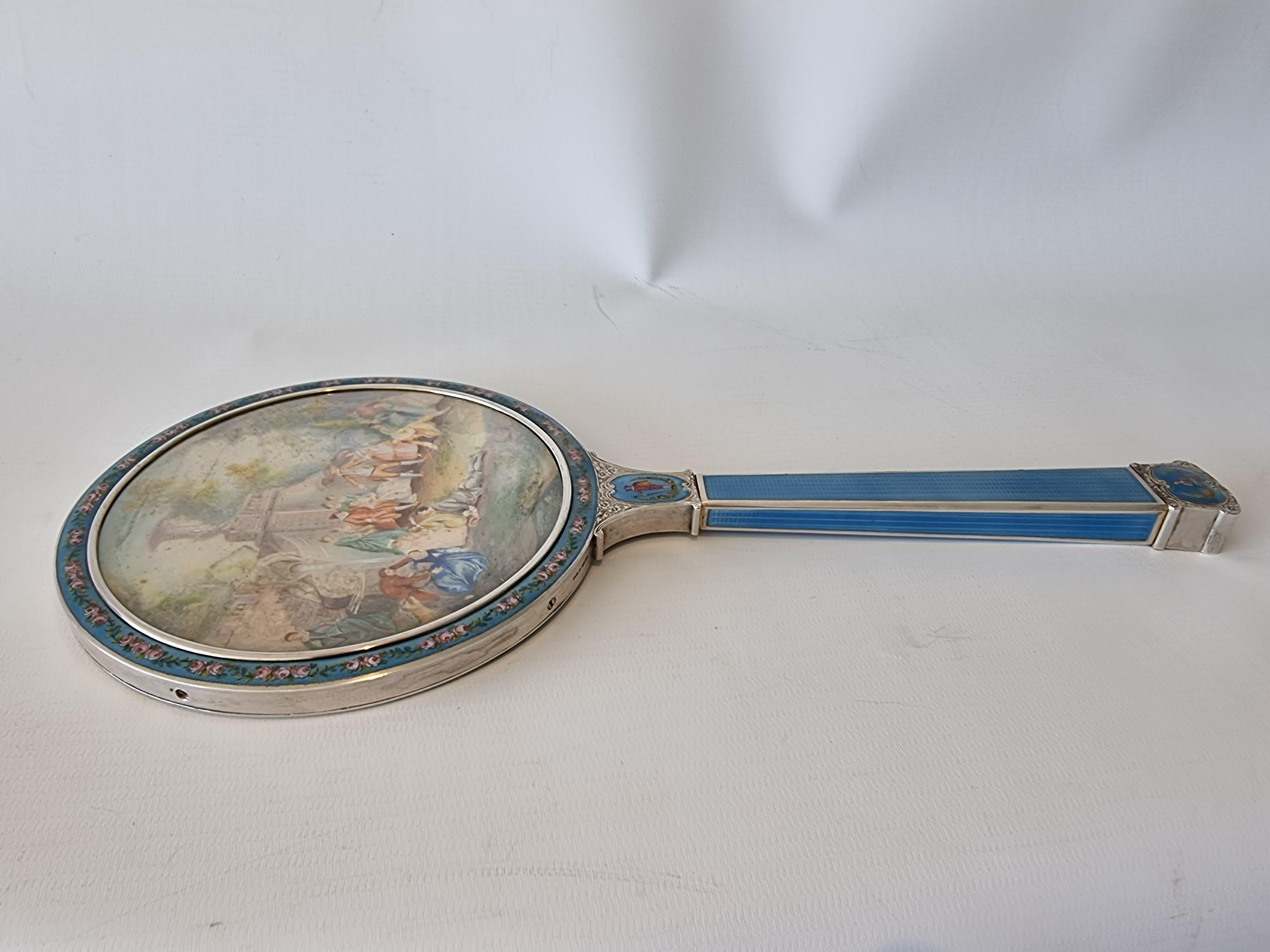Silver, Guilloche Enamel, Hand Painted Enamel and Watercolor Hand Mirror 3