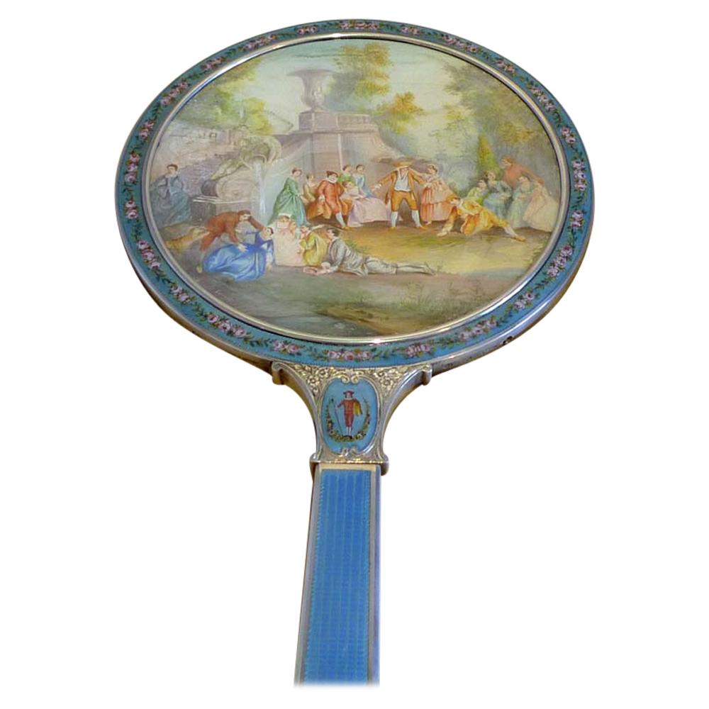 Silver, Guilloche Enamel, Hand Painted Enamel and Watercolor Hand Mirror