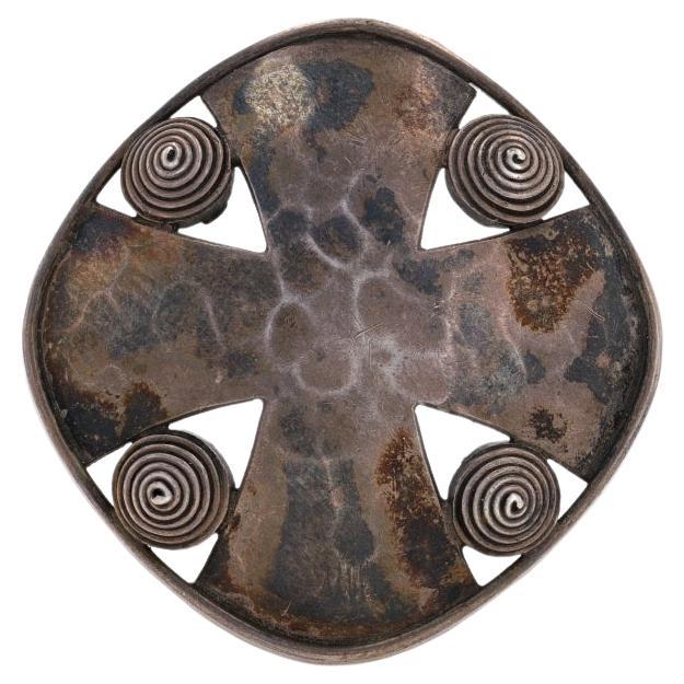 Silver Hammered Cross Nordic Viking Danish Brooch - 800 Faith Shield Pin For Sale