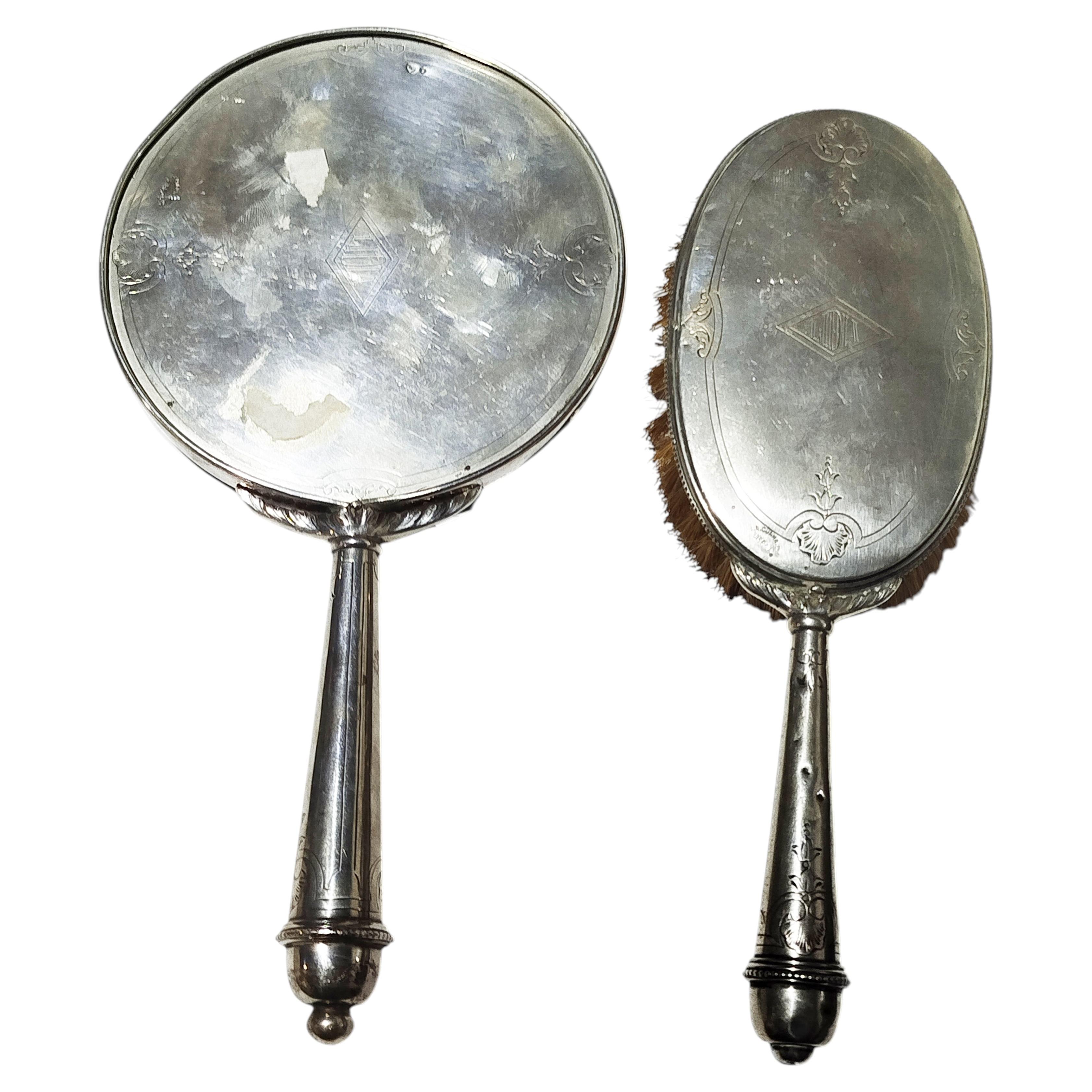 Silver Hand Mirror and Silver Brush - 19th Century For Sale