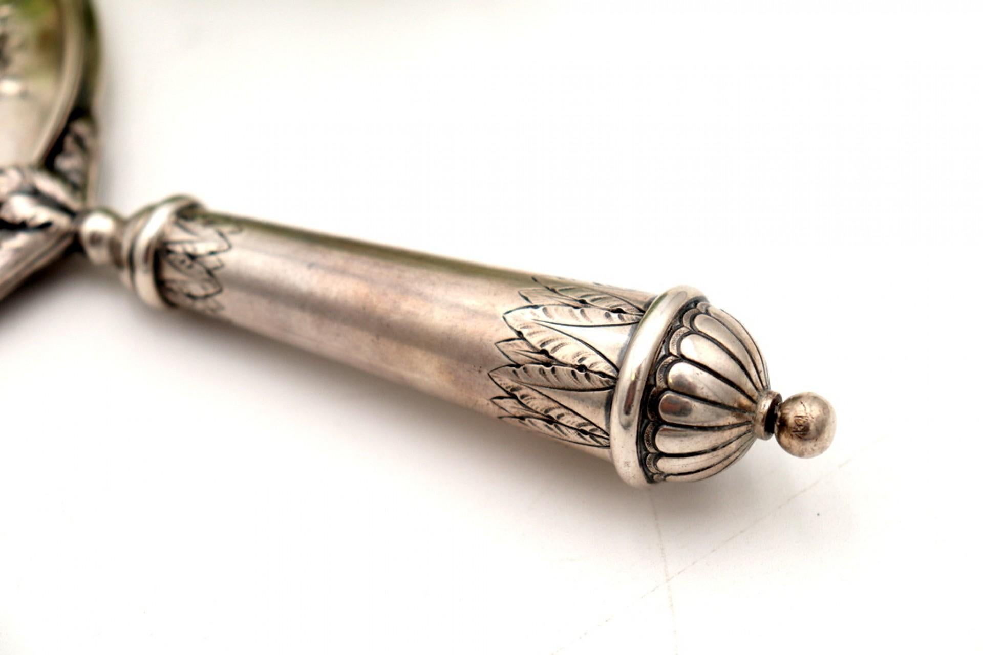 European Silver hand mirror with reliefs and rose applications on the back For Sale