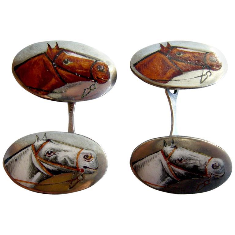 Silver Hand-Painted Edwardian Victorian Equestrian Cufflinks In Good Condition In Palm Springs, CA