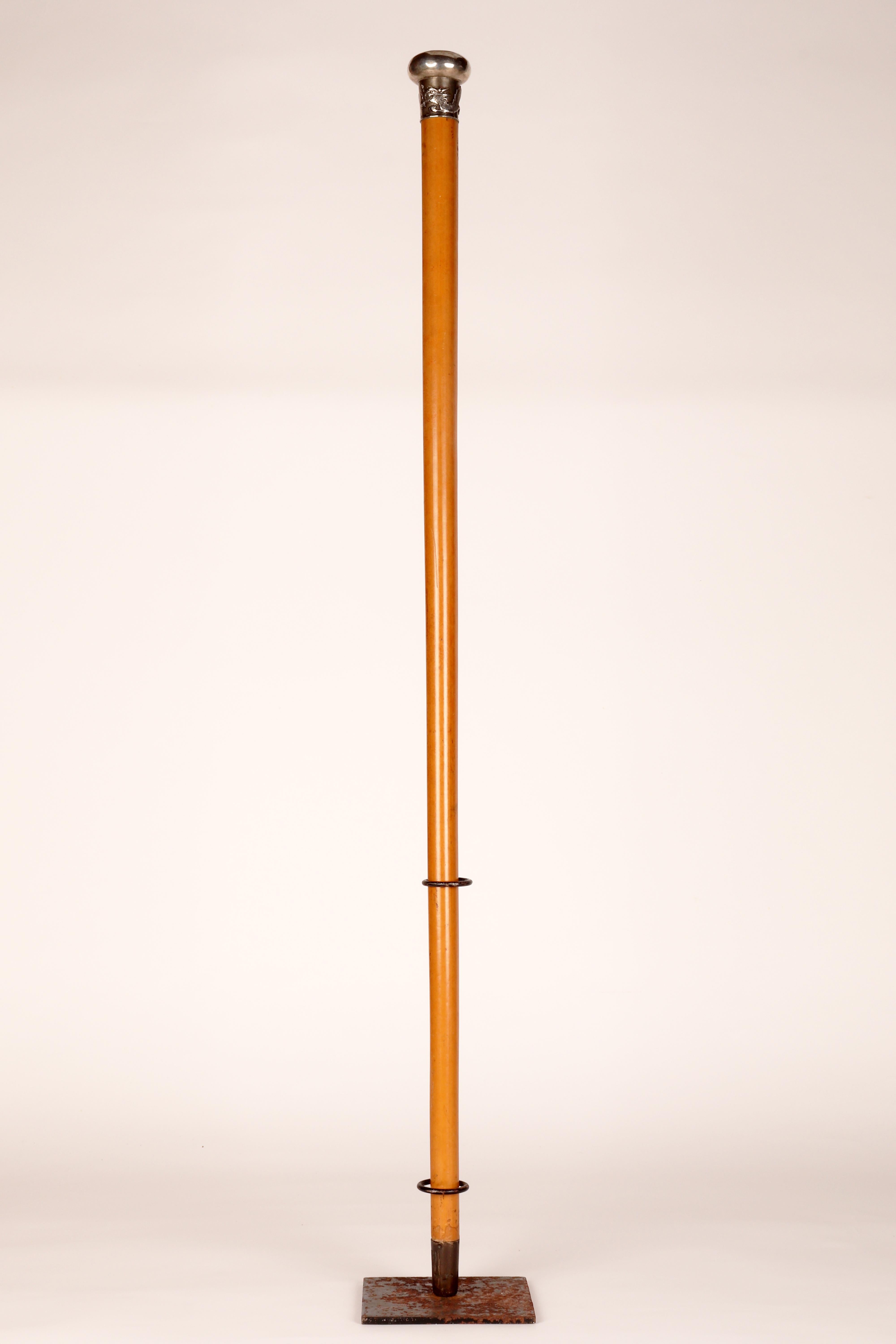 Bastone da passeggio con fusto in rattan chiaro e manico impreziosito. Il manico, in argento 800/1000, è un milord alla cui sommità si trova un elemento a cuscino. L'intera fascia è decorata con un rilievo che raffigura un drago. Ghiera in ottone. I