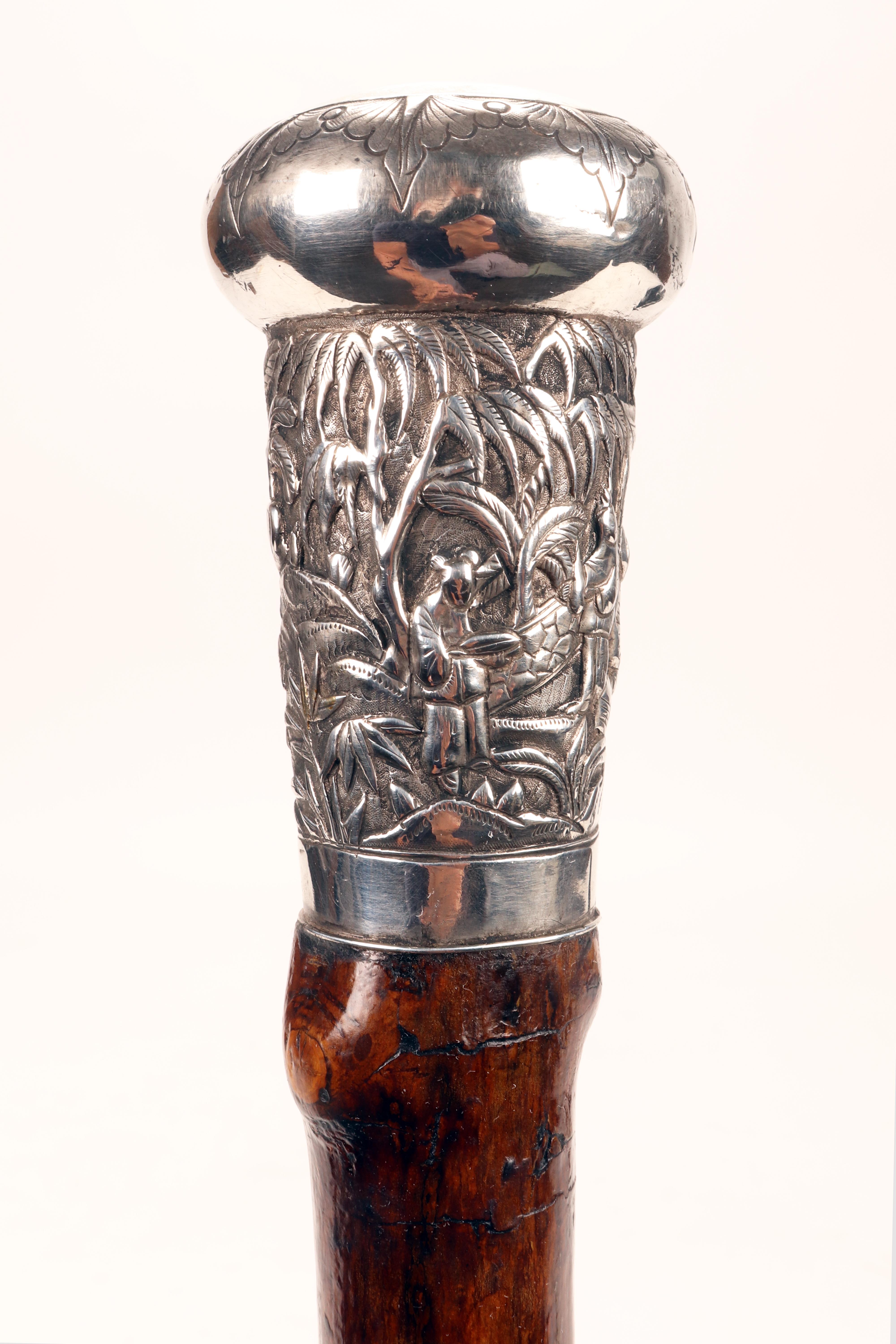Chinese Silver handle walking stick, China for the Western market, 1890.  For Sale