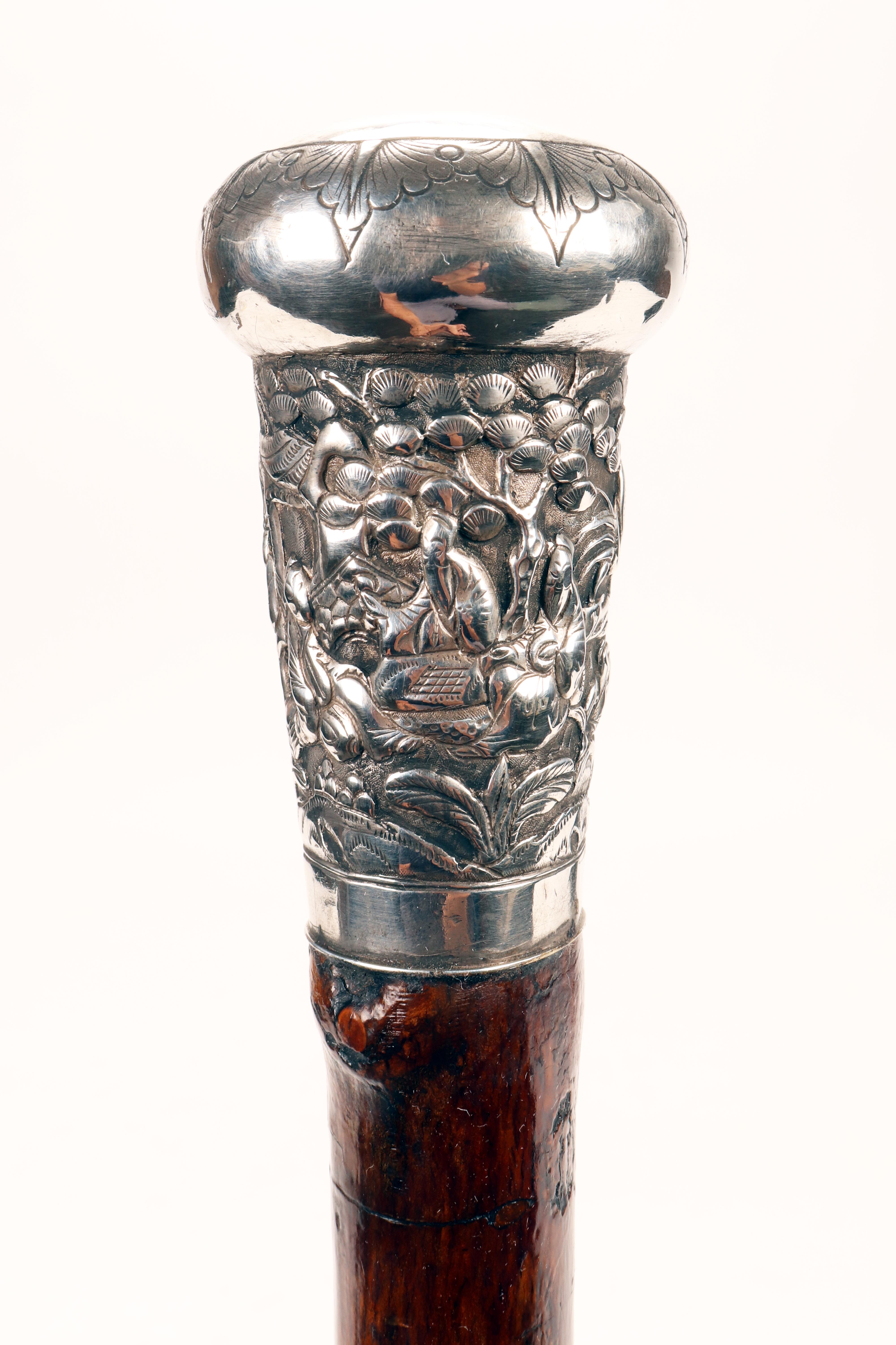 Silver handle walking stick, China for the Western market, 1890.  For Sale 1