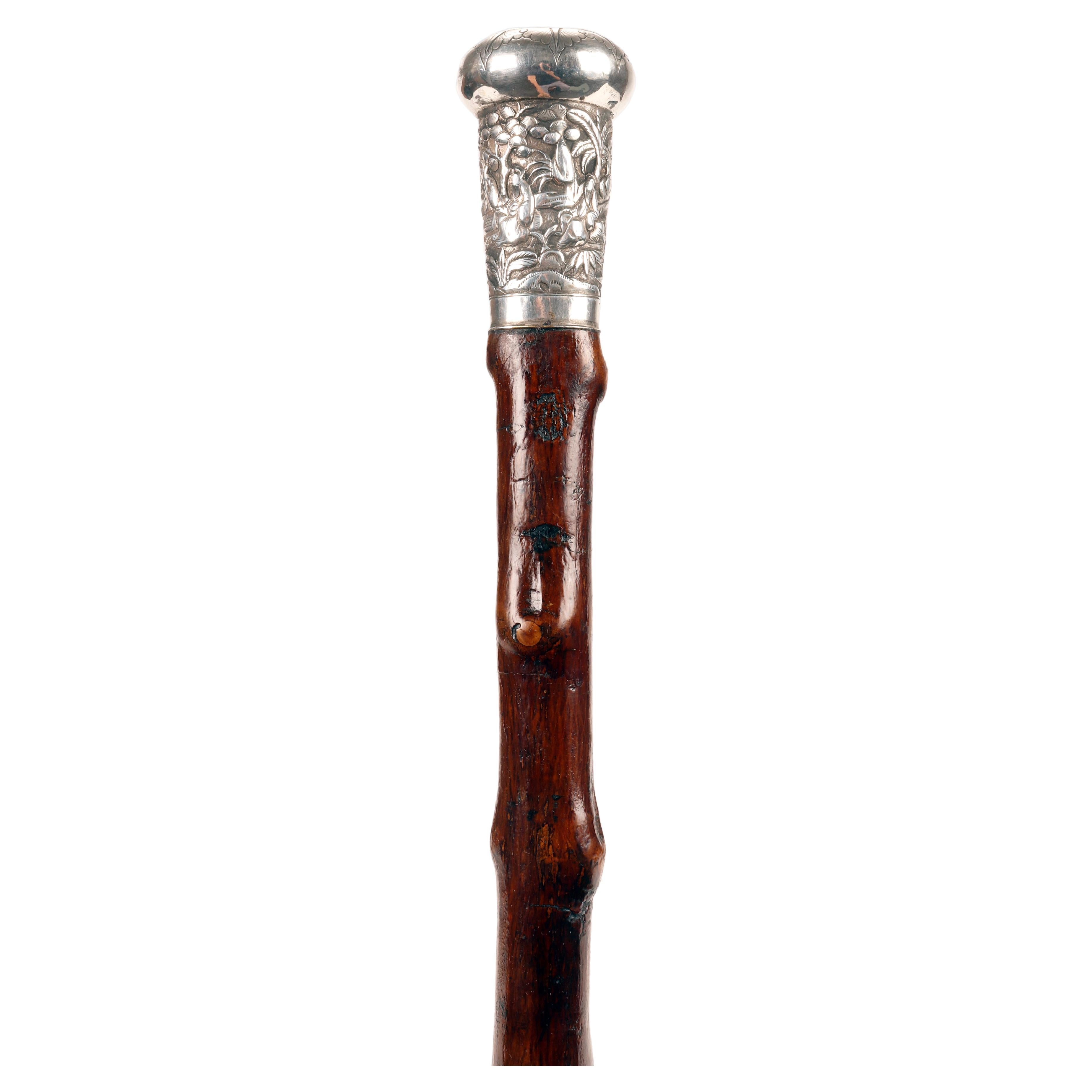 Silver handle walking stick, China for the Western market, 1890.  For Sale