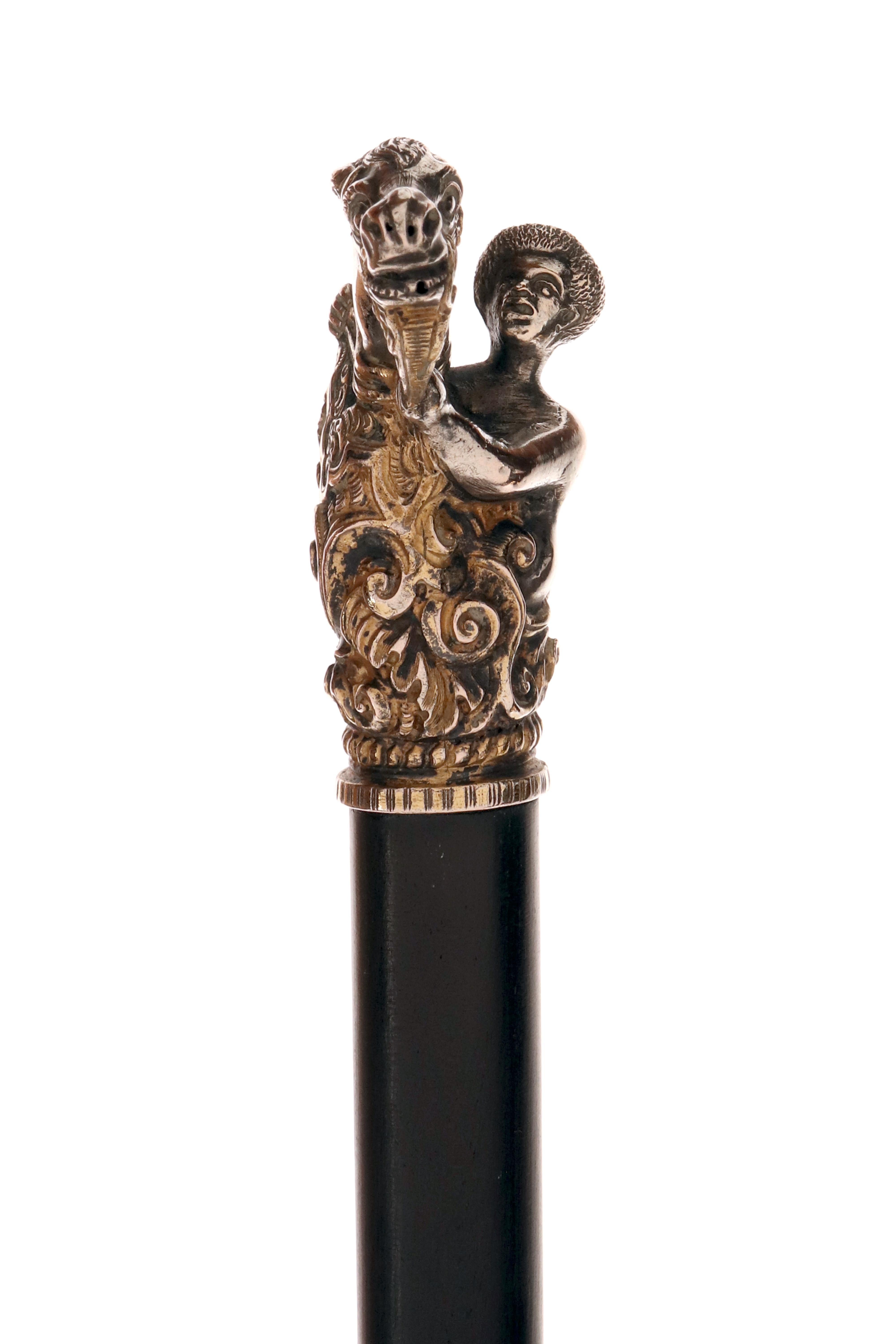 Silver handle walking stick, depicting a horse head and a jockey, England 1900. In Good Condition For Sale In Milan, IT