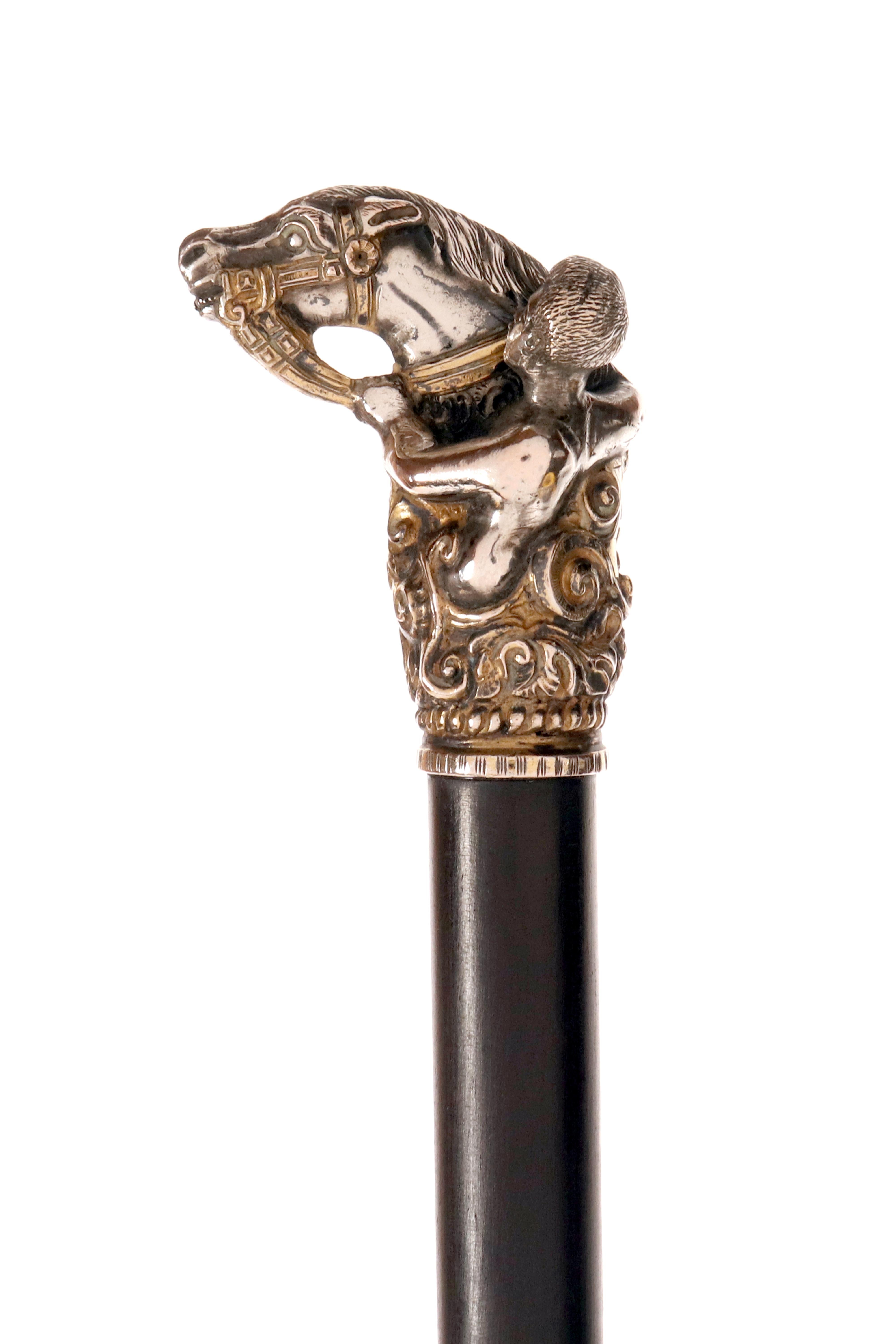 Silver handle walking stick, depicting a horse head and a jockey, England 1900. For Sale 2