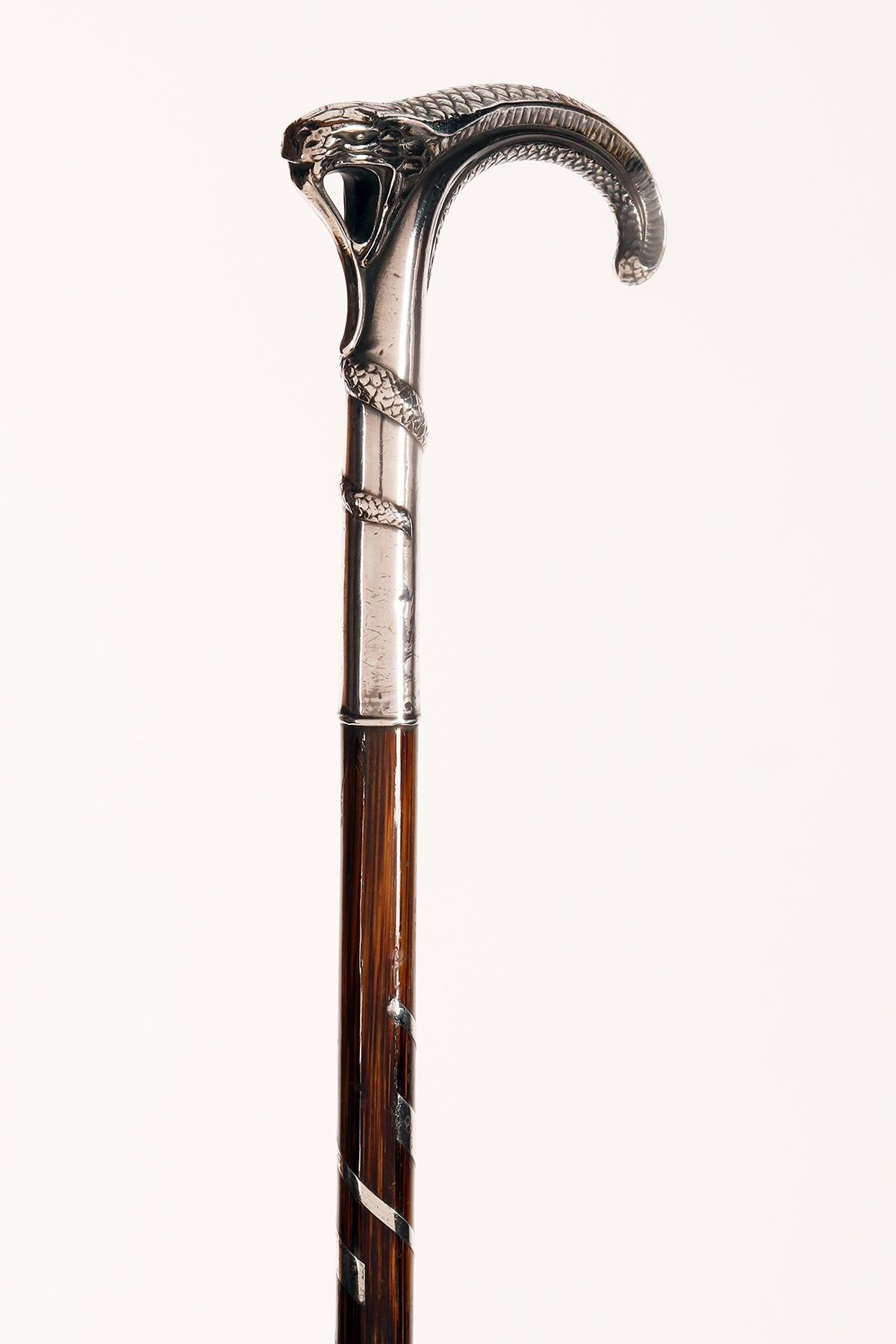 20th Century Silver handle walking stick depicting a snake, France 1900. For Sale
