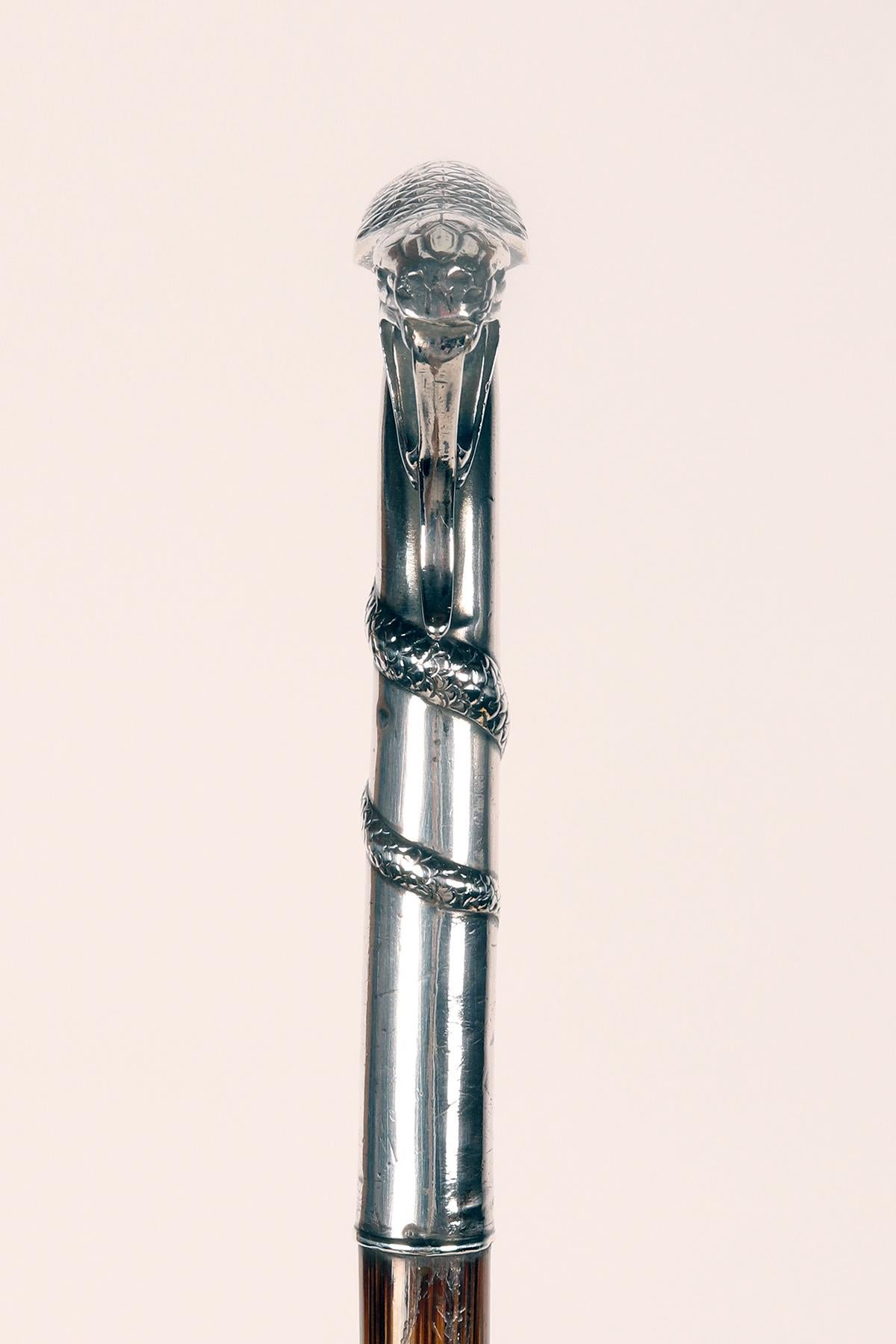 Metal Silver handle walking stick depicting a snake, France 1900. For Sale