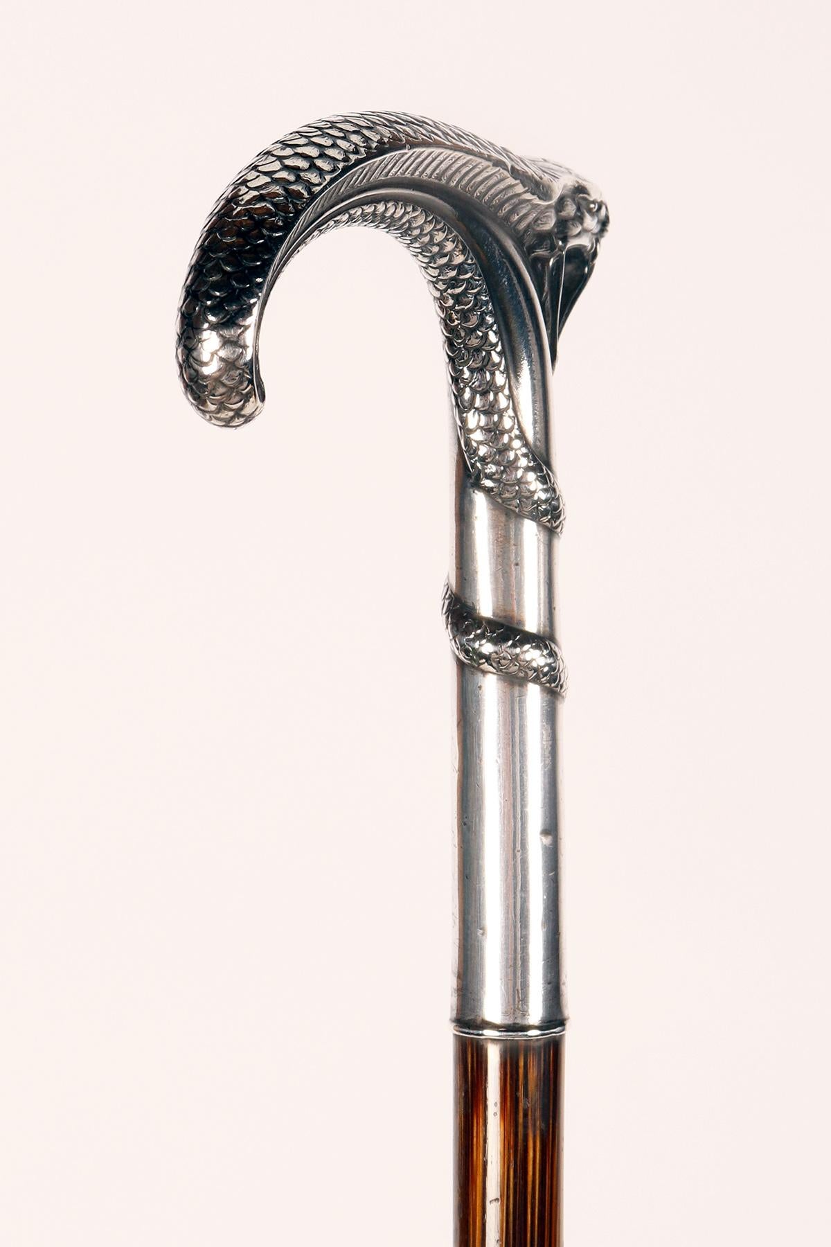 Silver handle walking stick depicting a snake, France 1900. For Sale 1