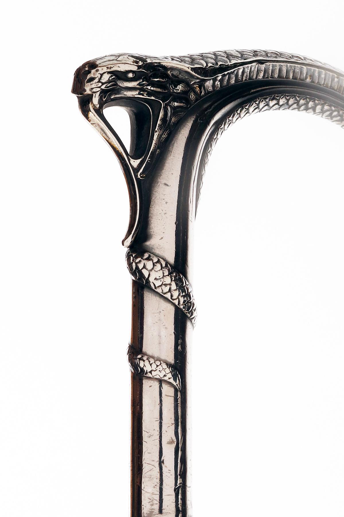 Silver handle walking stick depicting a snake, France 1900. For Sale 3