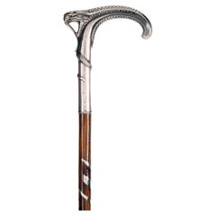 Antique Silver handle walking stick depicting a snake, France 1900.