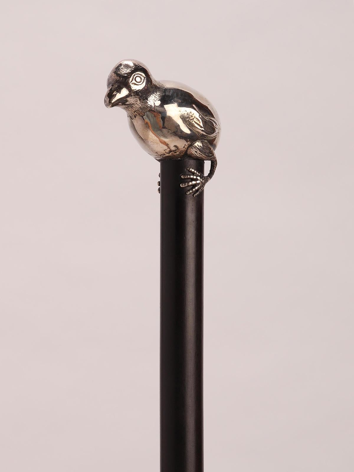 English Silver handle walking stick, signed Brigg depicting a chick, London, UK 1920. For Sale