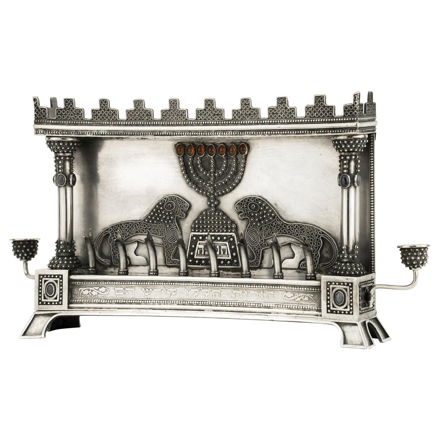 Early 20th Century Silver Hanukkah Lamp Menorah by Bezalel School Jerusalem