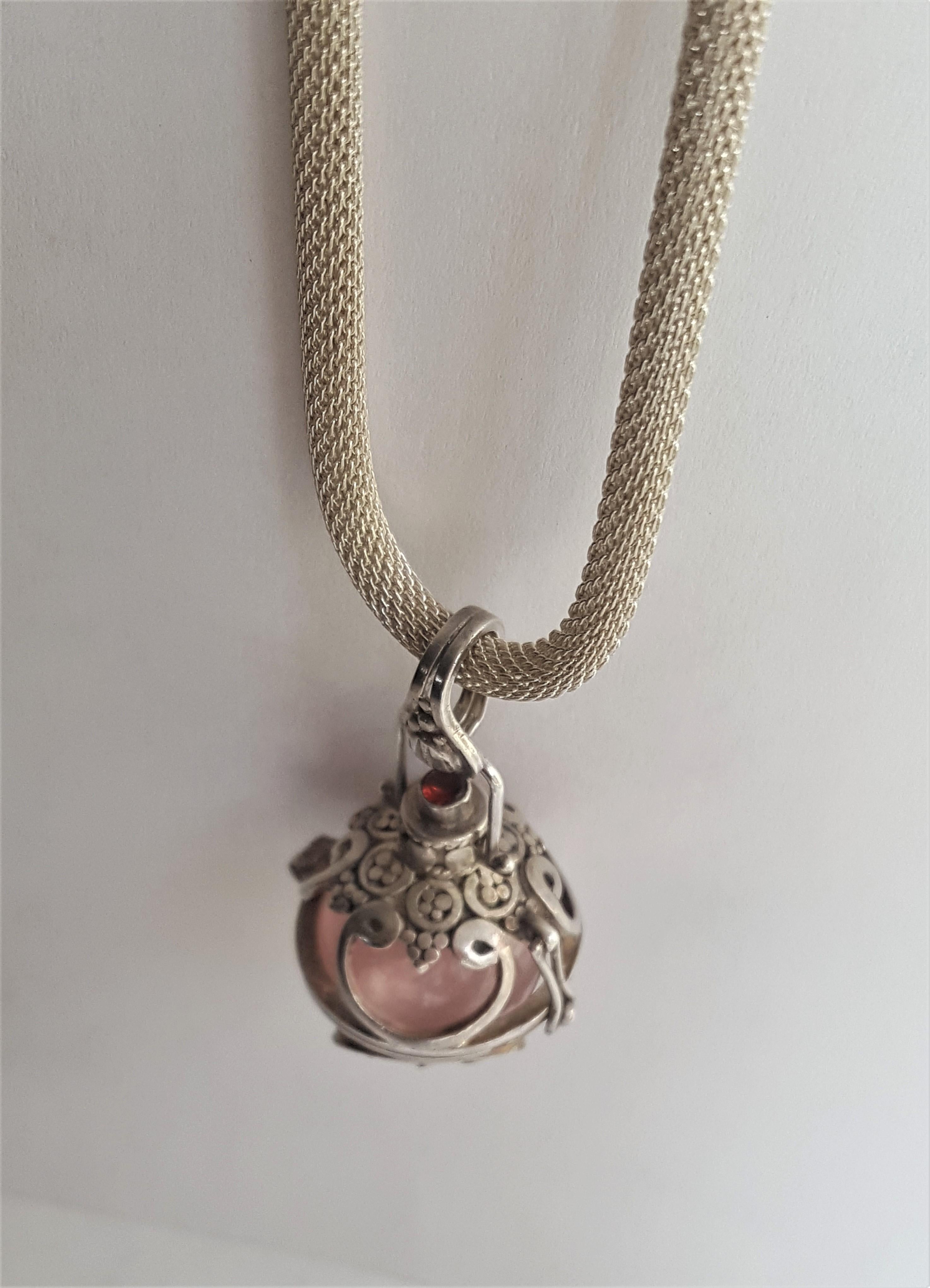 Women's or Men's Silver Harmony Ball Pendant with Rose Quartz Ball and Garnet Accent