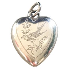 Vintage Engraved Bird Heart Silver Charm Pendant
