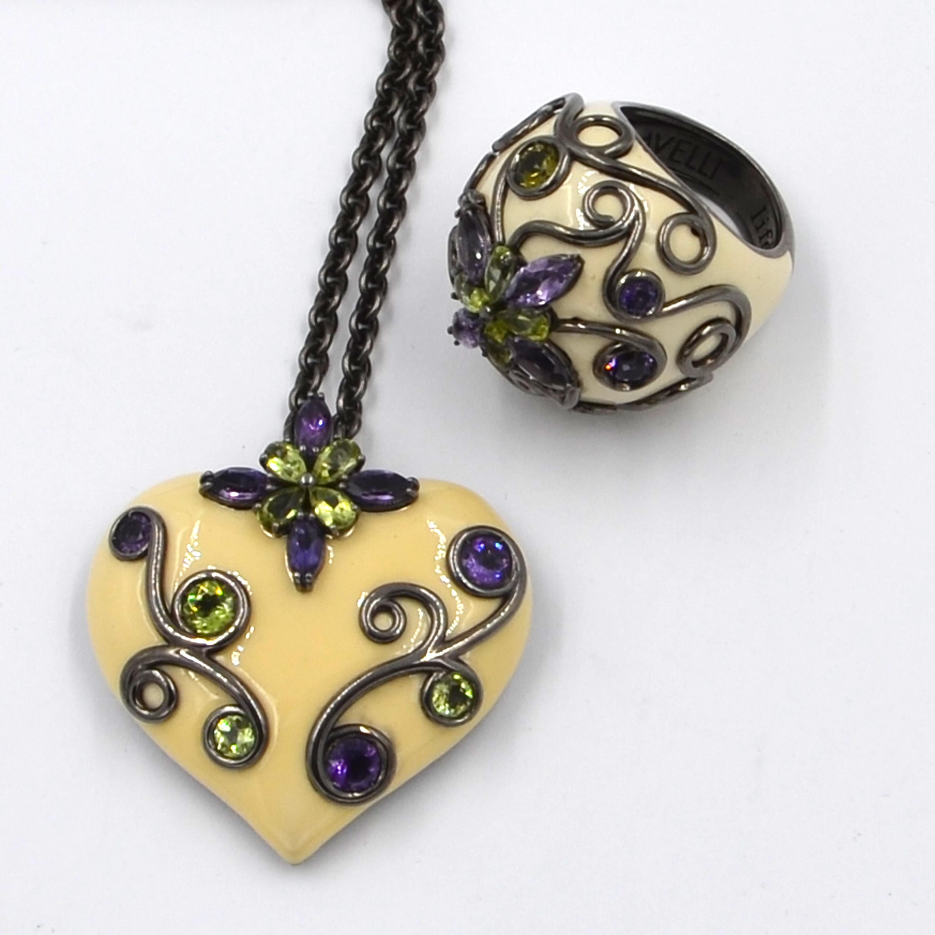 Silver Heart Pendant with White Enamel Amethyst and Peridot In New Condition In Valenza, IT