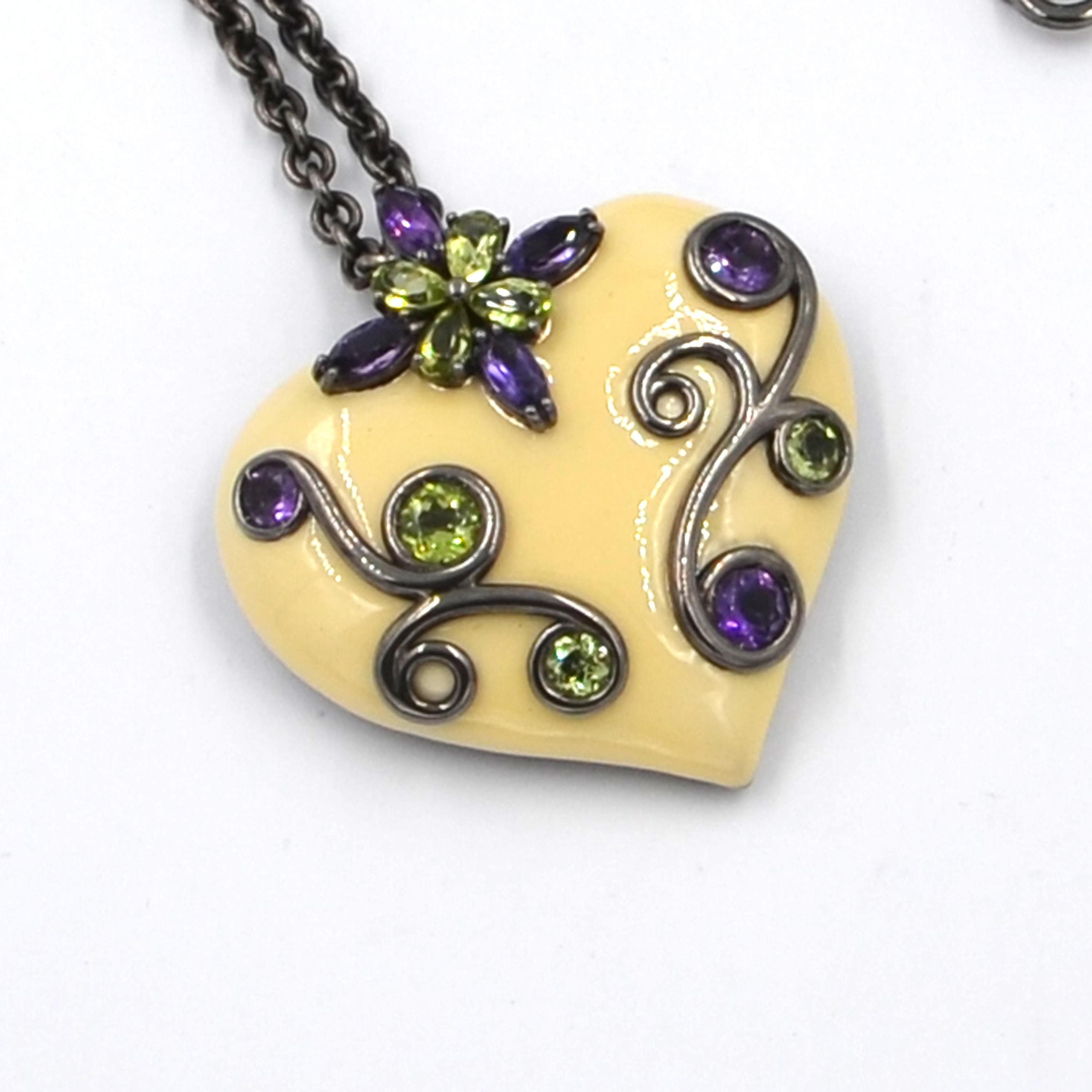 Silver Heart Pendant with White Enamel Amethyst and Peridot 3