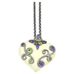 Silver Heart Pendant with White Enamel Amethyst and Peridot