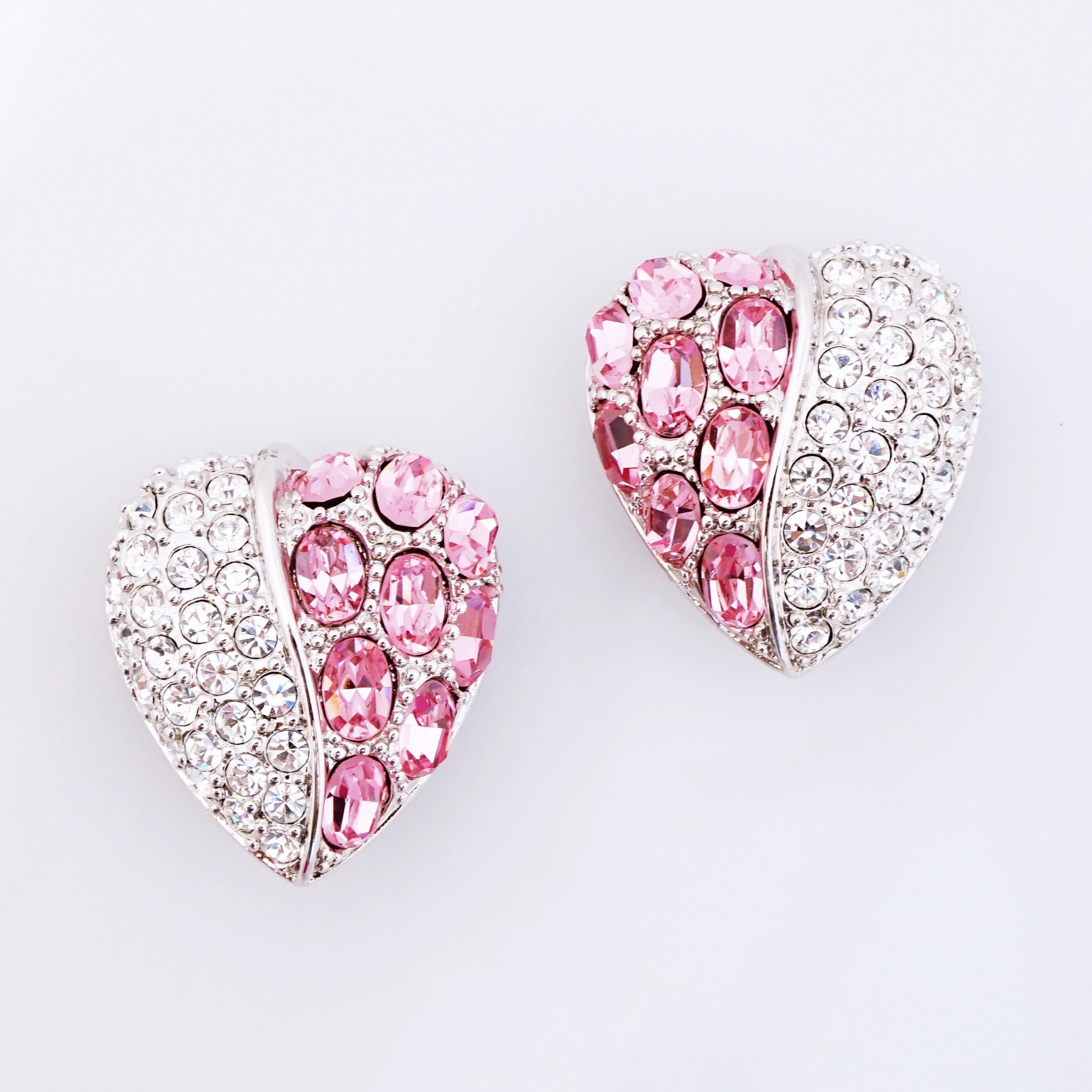 Modern Silver Heart Statement Earrings With Pink Crystal Pavé By Nolan Miller, 1980s