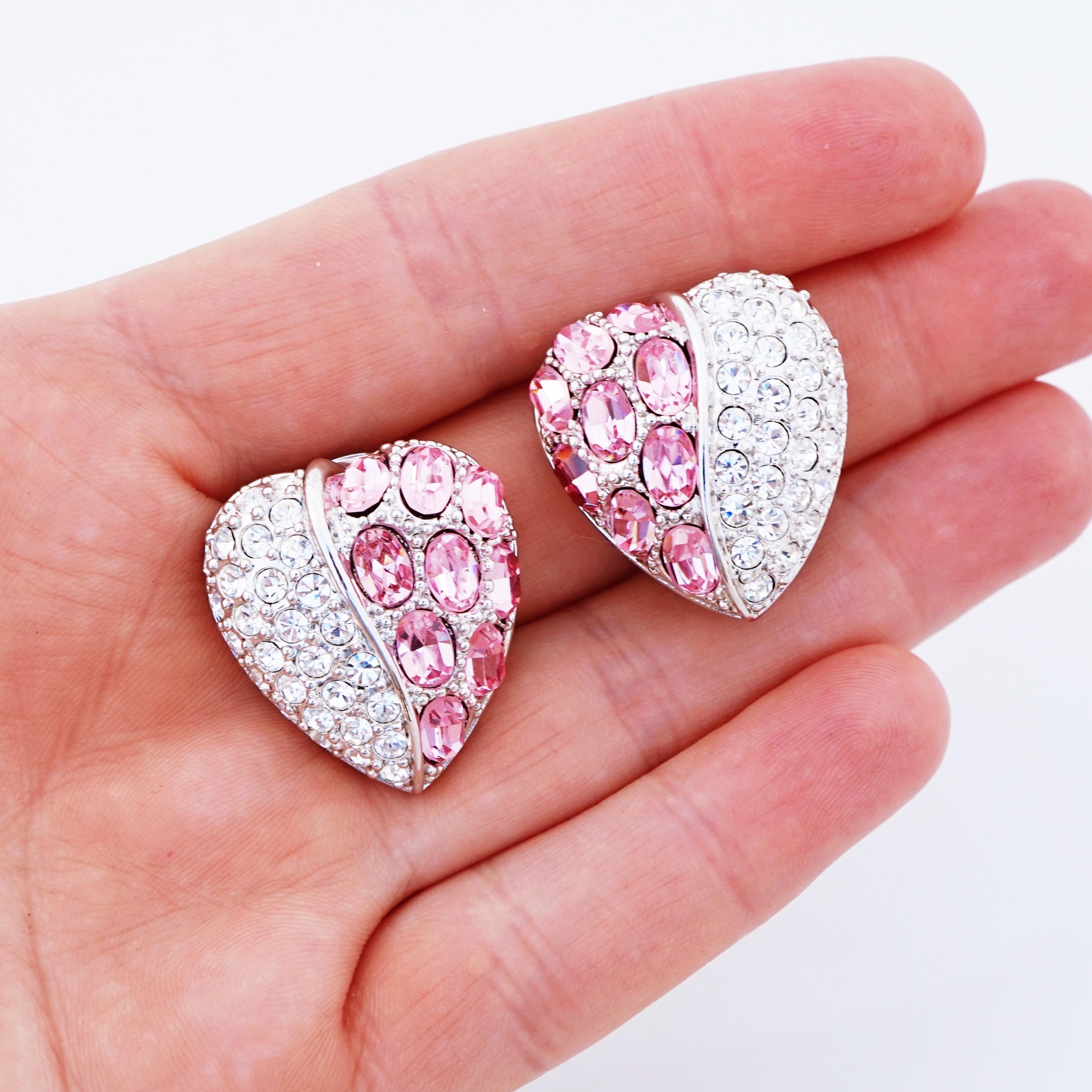 Silver Heart Statement Earrings With Pink Crystal Pavé By Nolan Miller, 1980s 1