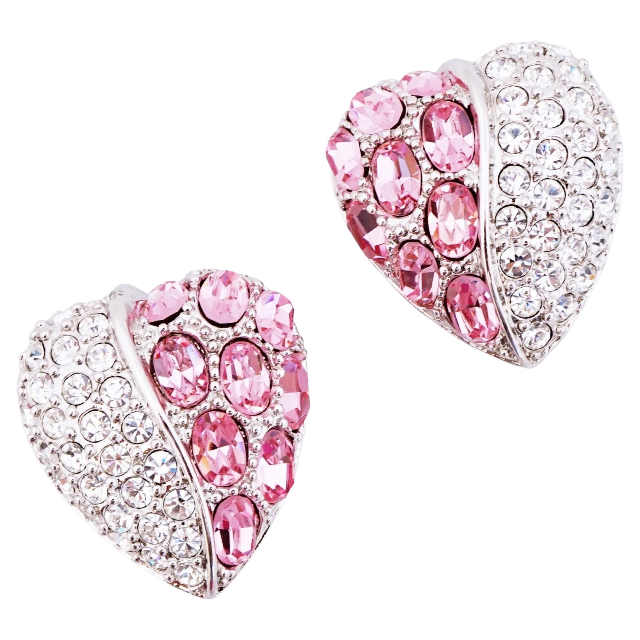 Silver Heart Statement Earrings With Pink Crystal Pavé By Nolan Miller, 1980s