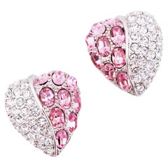 Silver Heart Statement Earrings With Pink Crystal Pavé By Nolan Miller, 1980s