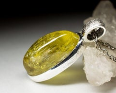 Silver Heliodor Pendant Lemon Yellow Beryl Oval Shape Cabochon Natural Gemstone