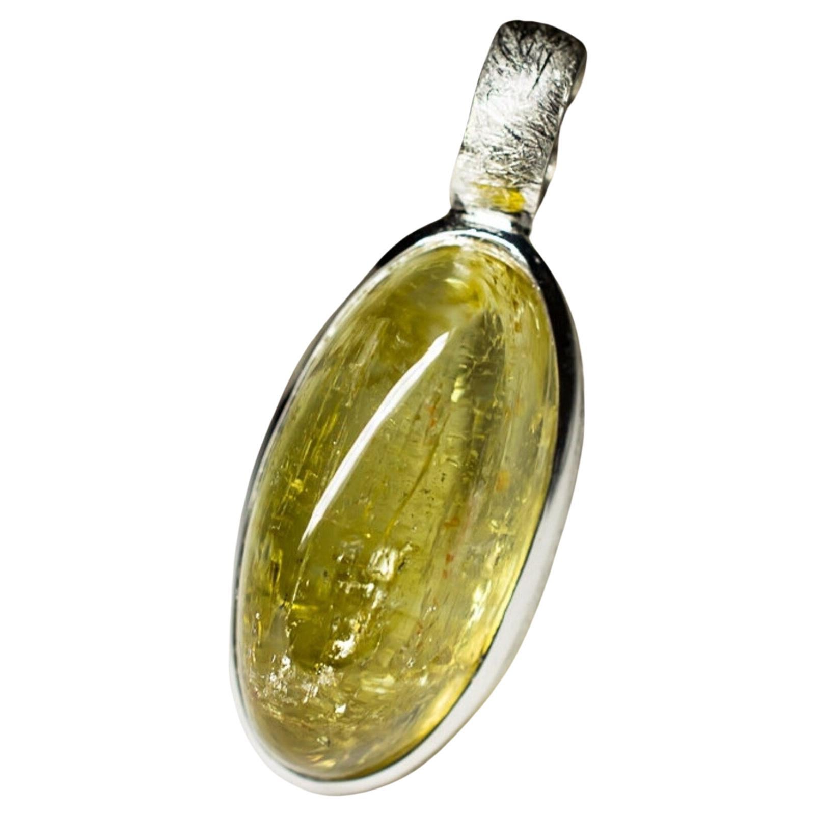 Silver Heliodor Pendant Lemon Yellow Beryl Oval Shape Cabochon Natural Gemstone For Sale