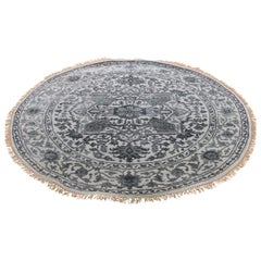Silver Heriz Design Wool and Silk Hi-Lo Pile Round Hand Knotted Rug