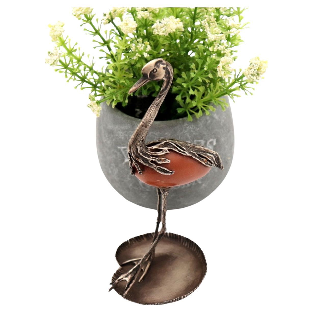 Silver heron with reliefs on hard stone perched on water lily leaf For Sale