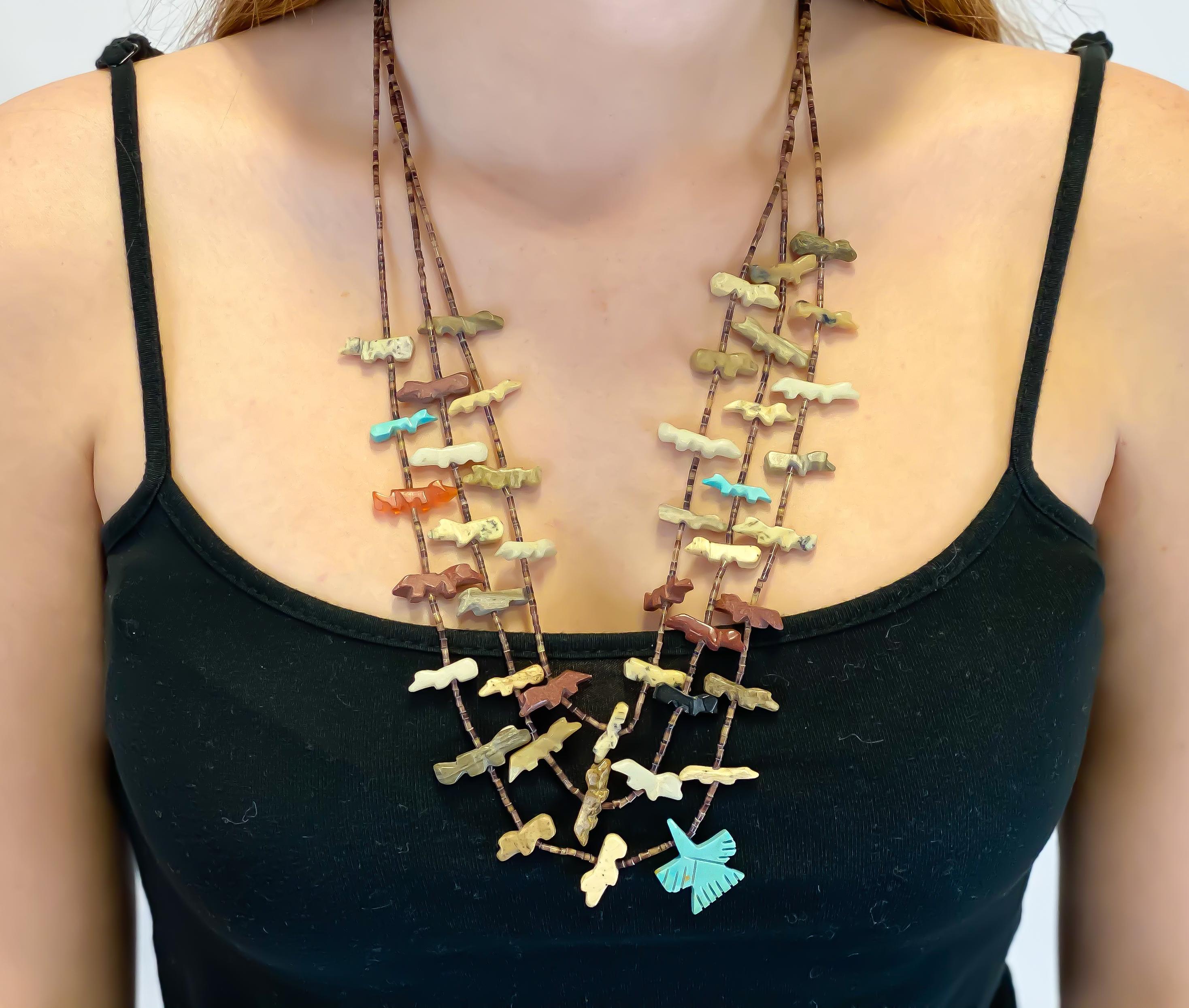 Silver Heshi Turquoise Jasper Agate Figure Beaded Necklace In New Condition For Sale In Carlsbad, CA