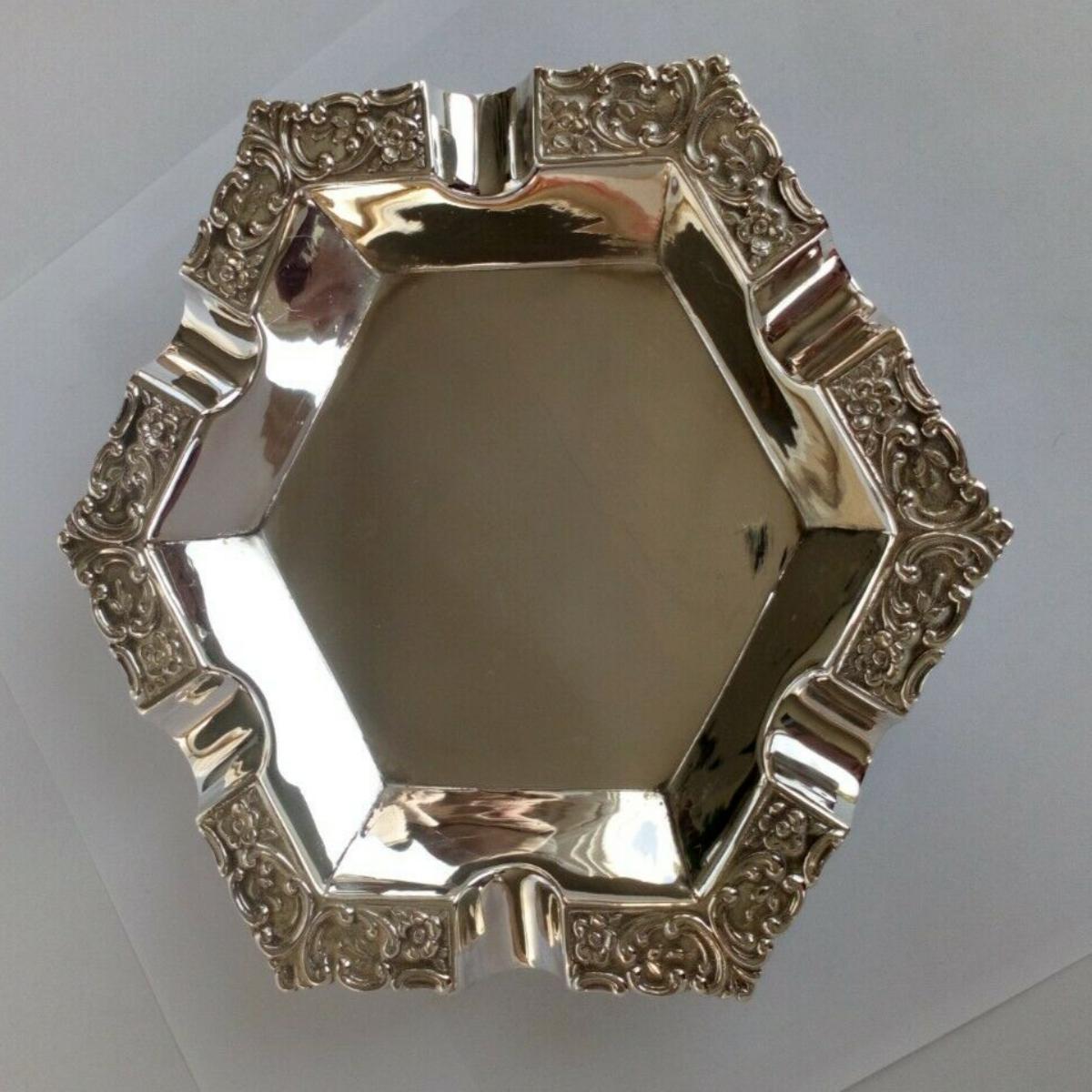 Silver Hexagonal Ashtray with a Cut Crystal Liner For Sale 1