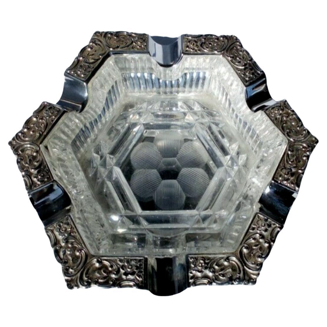 Silver Hexagonal Ashtray with a Cut Crystal Liner