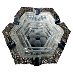 Antique Silver Hexagonal Ashtray with a Cut Crystal Liner