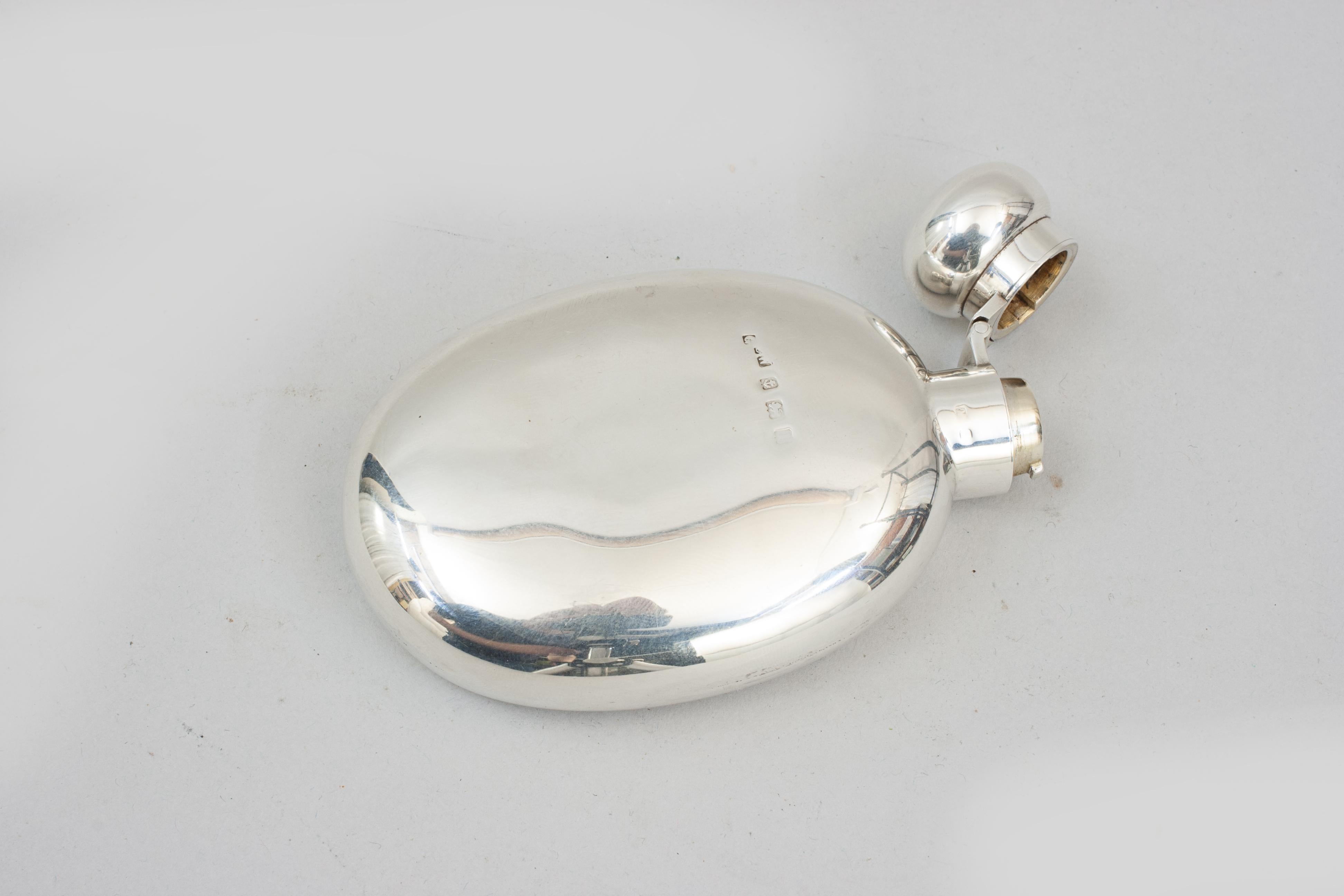 English Silver Hip Flask Oval Shape, Birmingham 1910 For Sale