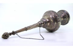 Silver holy water sprinkler w/ reliefs, applications & hanging chain