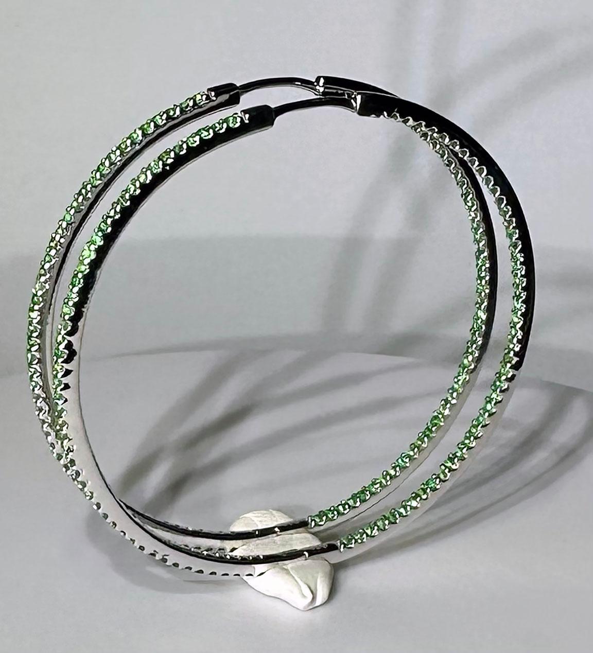 Silver Hoop Earrings set with 190 1.4MM Tsavorite Garnets For Sale 4