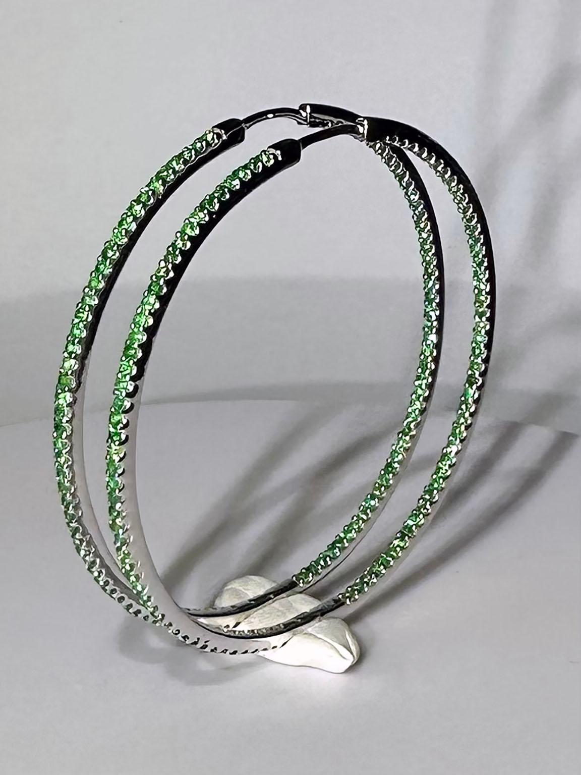 Silver Hoop Earrings set with 190 1.4MM Tsavorite Garnets For Sale 5