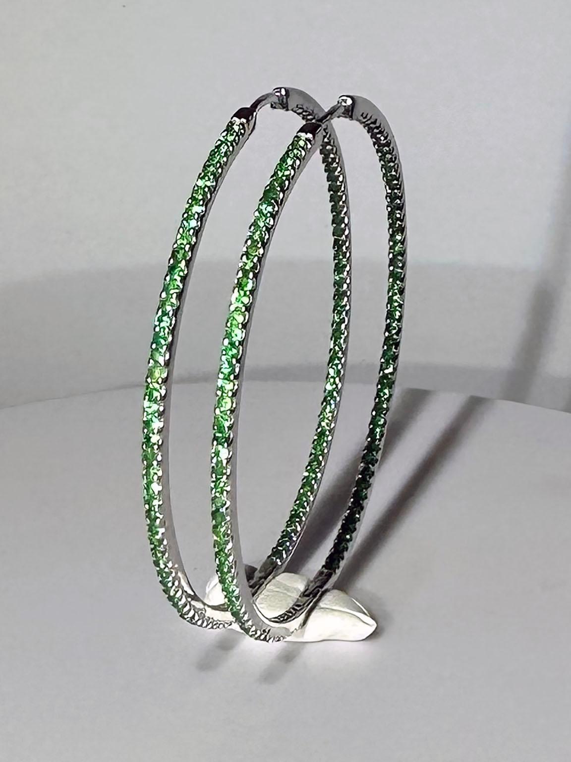 Silver Hoop Earrings set with 190 1.4MM Tsavorite Garnets For Sale 6