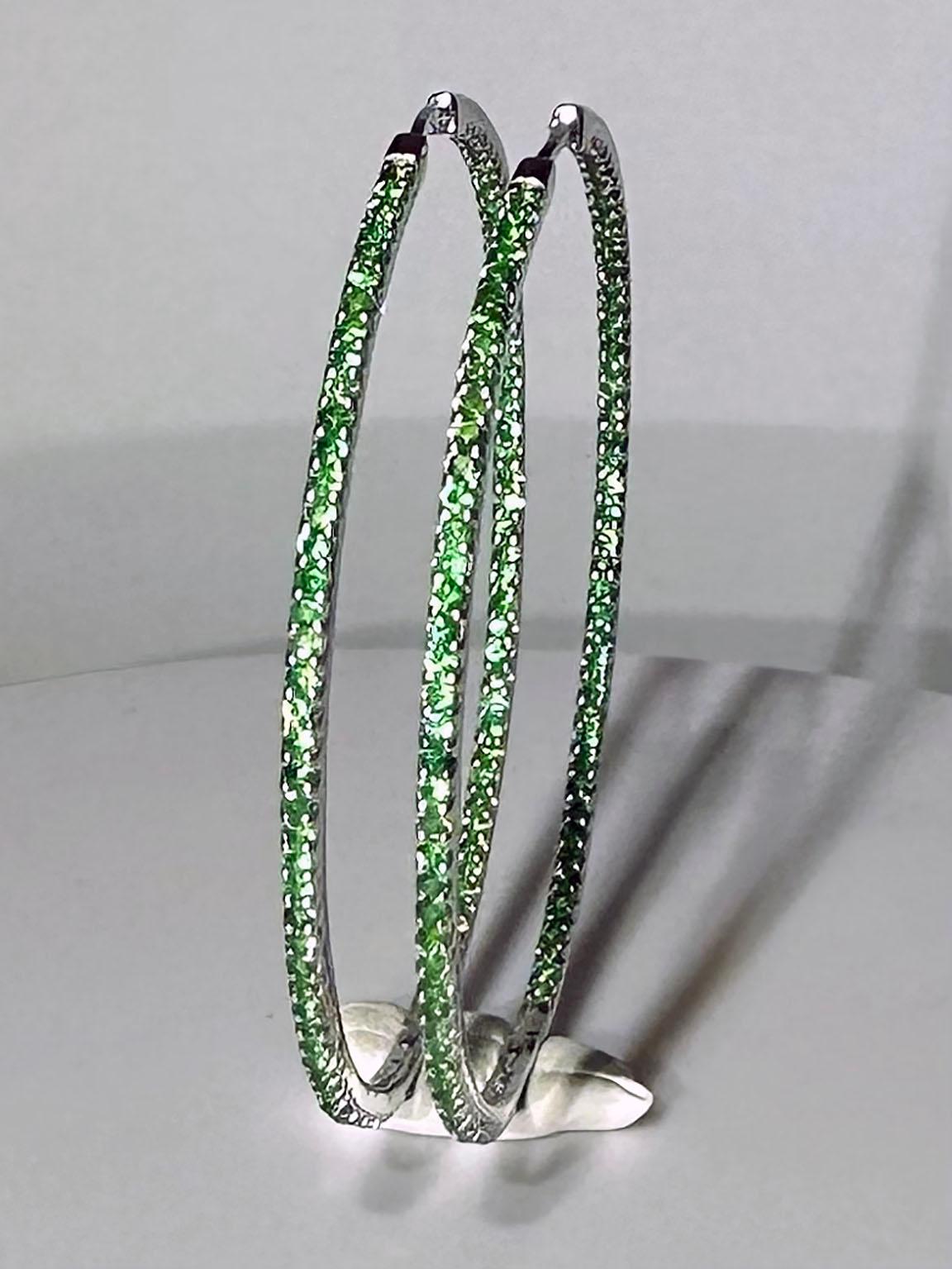 Silver Hoop Earrings set with 190 1.4MM Tsavorite Garnets For Sale 7