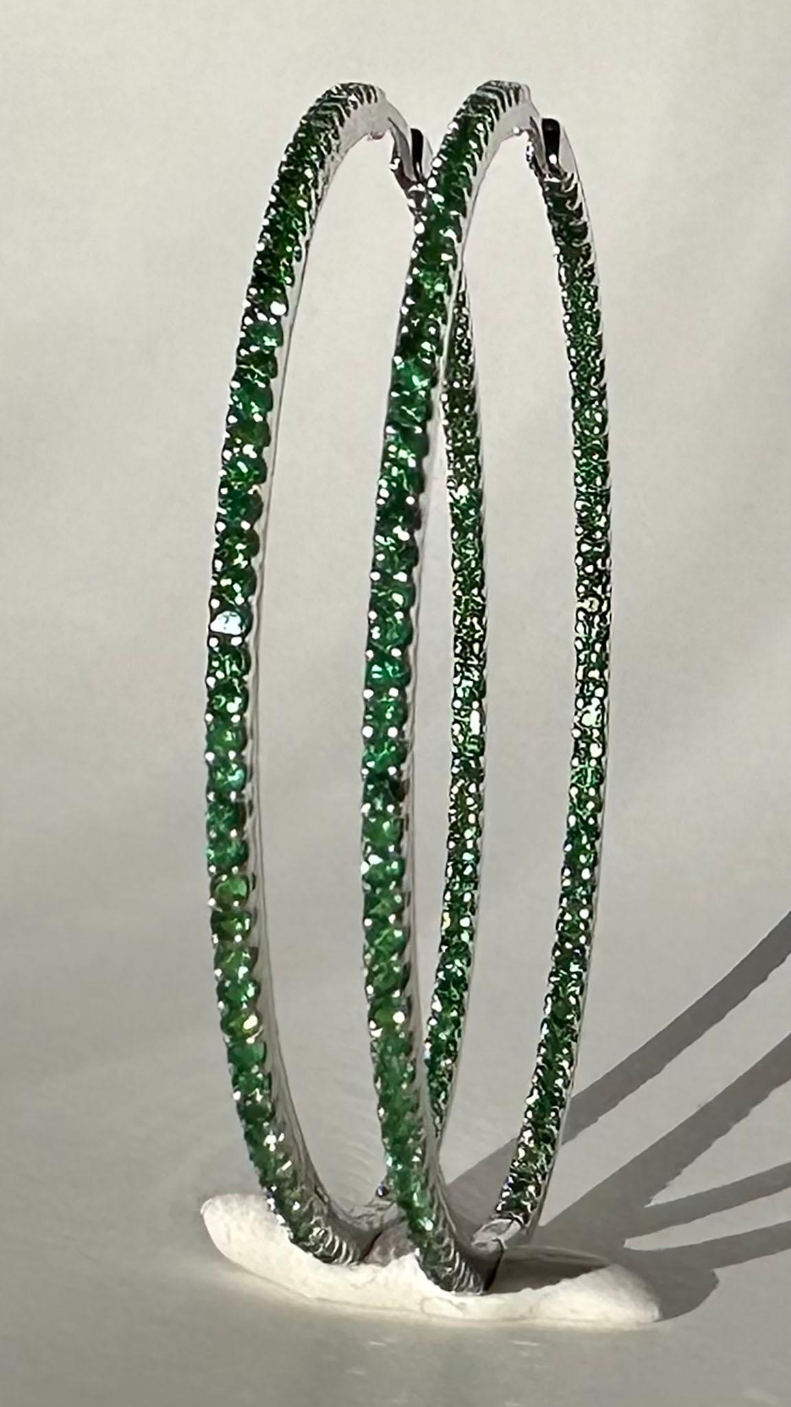 Women's Silver Hoop Earrings set with 190 1.4MM Tsavorite Garnets For Sale