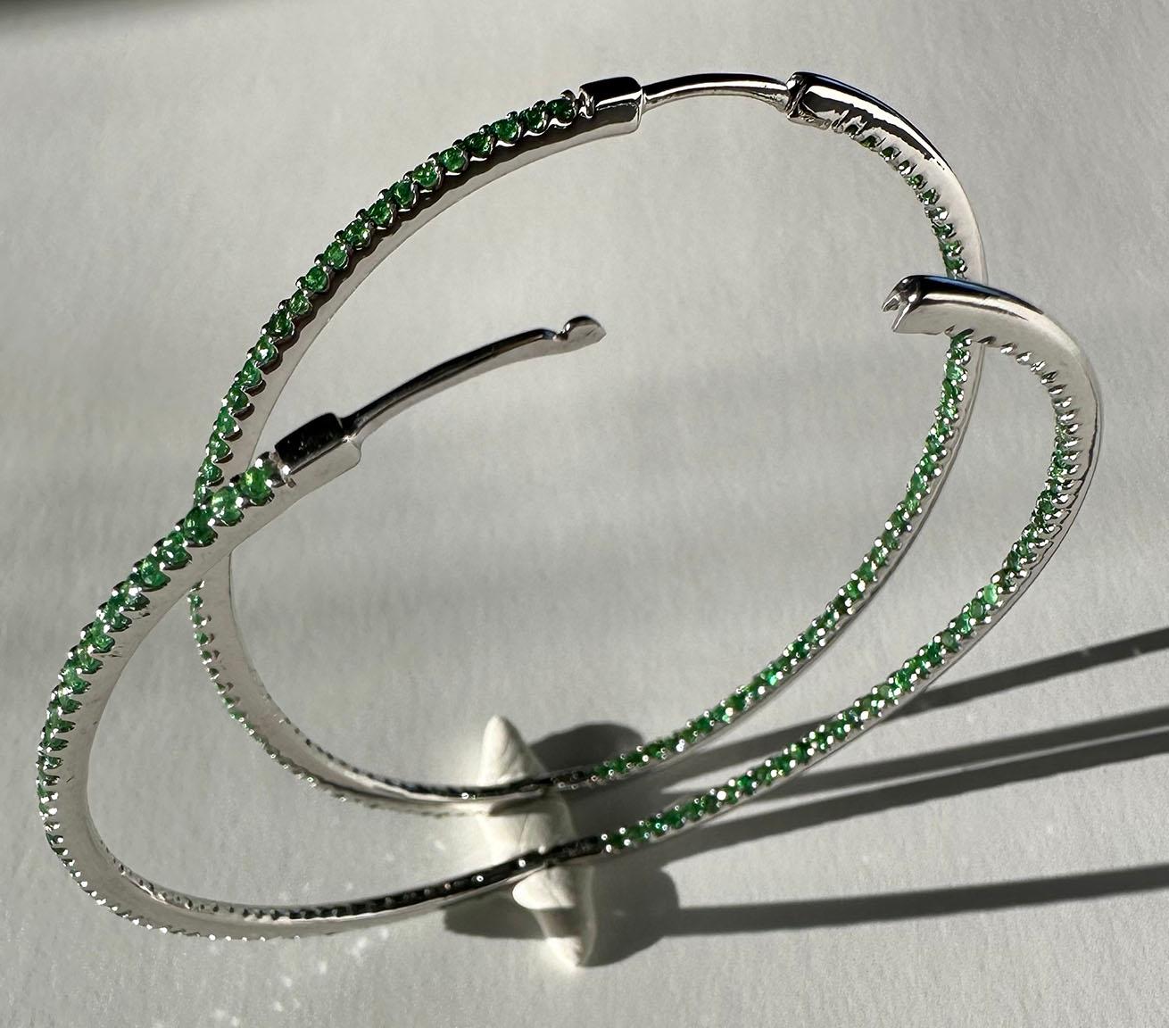 Silver Hoop Earrings set with 190 1.4MM Tsavorite Garnets For Sale 2
