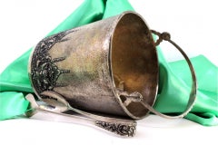 Silver ice bucket w/ embossed florals, handle & claw tongs